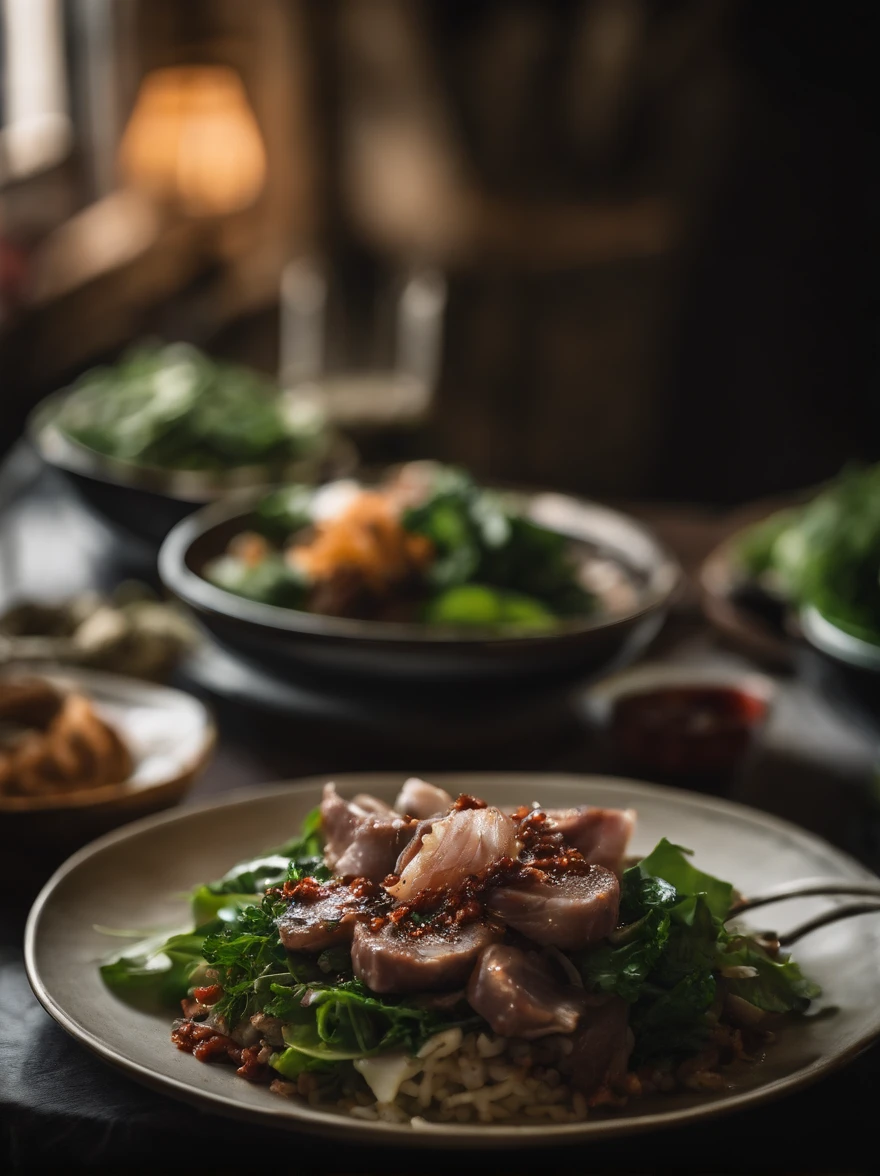At the dinner table, A plate of Korean food, Topped with thin meat slices, Minced meat, Greens, and shallots.