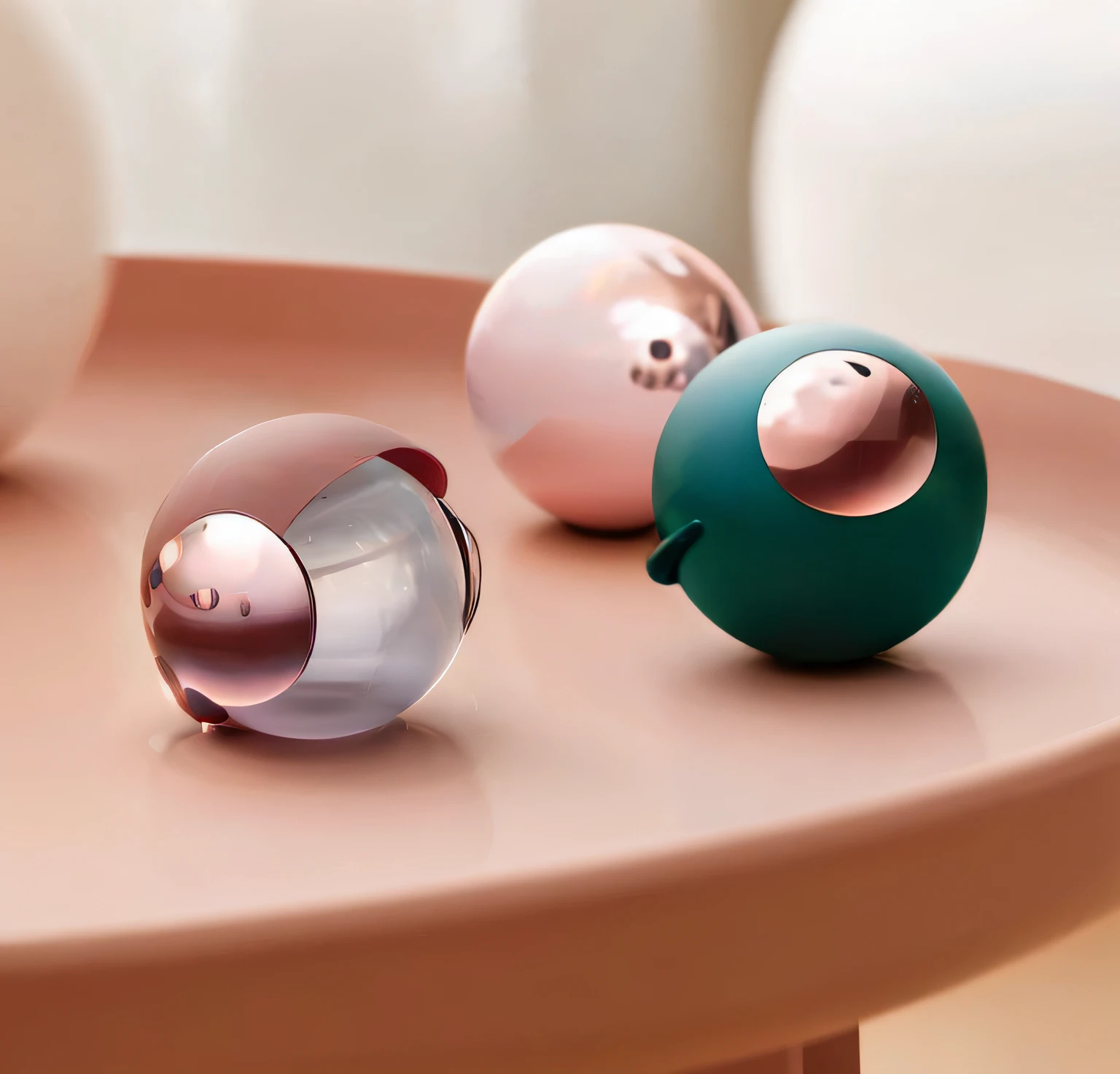 there are three balls on a table with a vase in the background, eero aarnio, floating metallic objects, cups and balls, glossy surface, sleek round shapes, floating spheres and shapes, by jeonseok lee, julia hetta, various colors, spheres, shiny knobs, brilliantly coloured, tactile buttons and lights, by Anna Füssli, pods