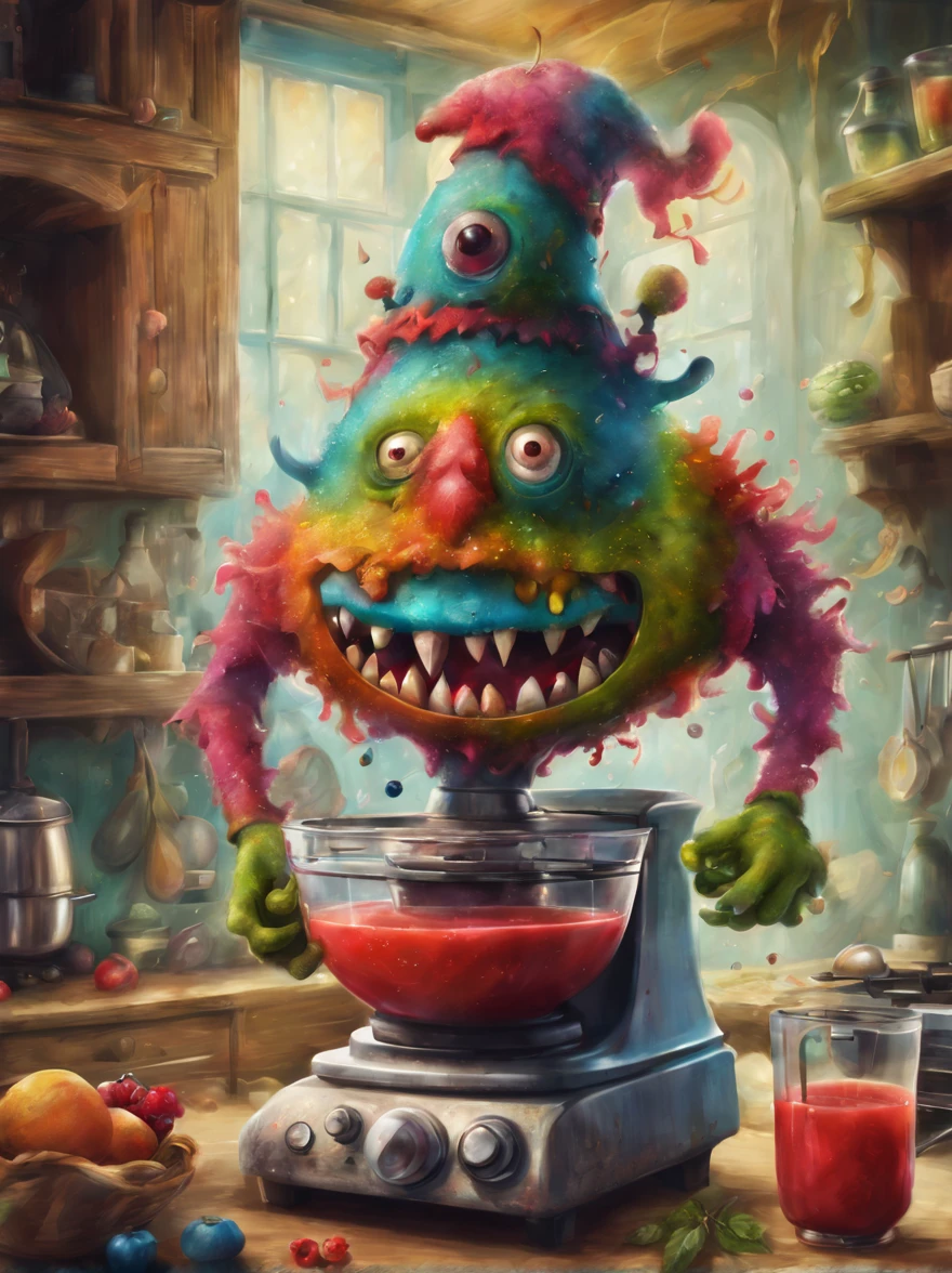 colorful juicer monster, Artistically rendered, styles:by Alexander Jansson, amazingly beautiful work, Landscape characters and elements fit perfectly within the image frame, Detailed realization, Definition High Quality, expressive faces, Sharp eyes,(Background with:ghost house kitchen),masterpiece,cute monster