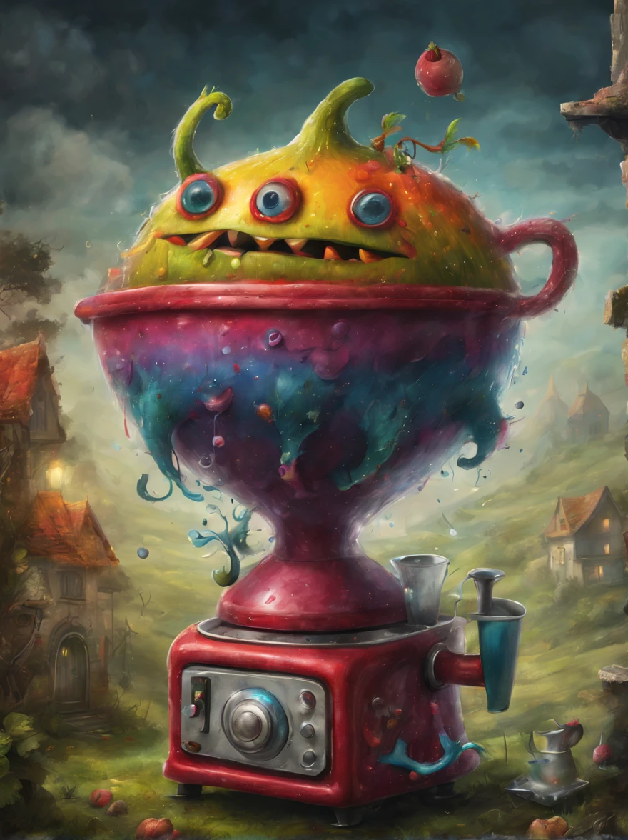 colorful juicer monster, Artistically rendered, styles:by Alexander Jansson, amazingly beautiful work, Landscape characters and elements fit perfectly within the image frame, Detailed realization, Definition High Quality, expressive faces, Sharp eyes,(Background with:ghost house kitchen),masterpiece,cute monster