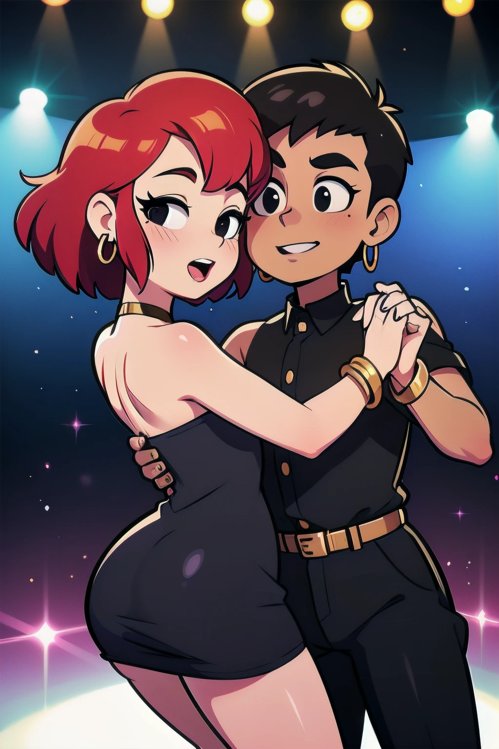 FrankieFoster, FostersStyle, 1 girl, teenage, short red hair, red hair for the girl, medium hair, bob hair, black eyes, little black dress, strapless dress, skin-tight dress, choker, gold hoop earrings, gold bracelet, ballroom, kissing, kissing with a handsome man, brown hair for the man, A brown tux suit, disco lights, 2 couple kissing, face to face, eyes closed.