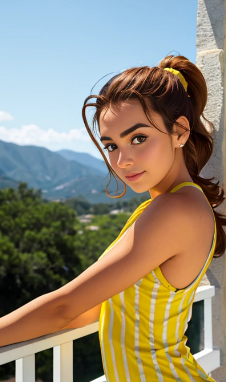 Photo of a 14 year-old american girl, .RAW, beautiful teenage girl, (Long brown hair with ponytail), light brown hair ponytail hairstyle((retrato)), ((Cara detallada:1.2)), ((Detailed facial features)), (Piel finamente detallada)  , (Masutepiece) (proporciones perfectas)(fotos realistas)(La mejor calidad) (Detallado) fotografiado con una EOS R5 de Canon, Lente de 50 mm, f/2.8, NffSW, (8k) (papel tapiz) (cinematic lighting) (Dramatic lighting) (foco nítido) (Enrevesado) senos medianos , pechos medianos , pecas en mejillas , cuerpo completo , hermoso cuerpo de muje adolesente,  lindo maquillaje , gran sonrisa  , mujer delgada escultural , camisa blanca sin mangas  , flor rosa en pecho , falda amarilla con patrones de cuadros , calcetas amarillas , mocacines cafes , fuera de casa , posando en escaleras