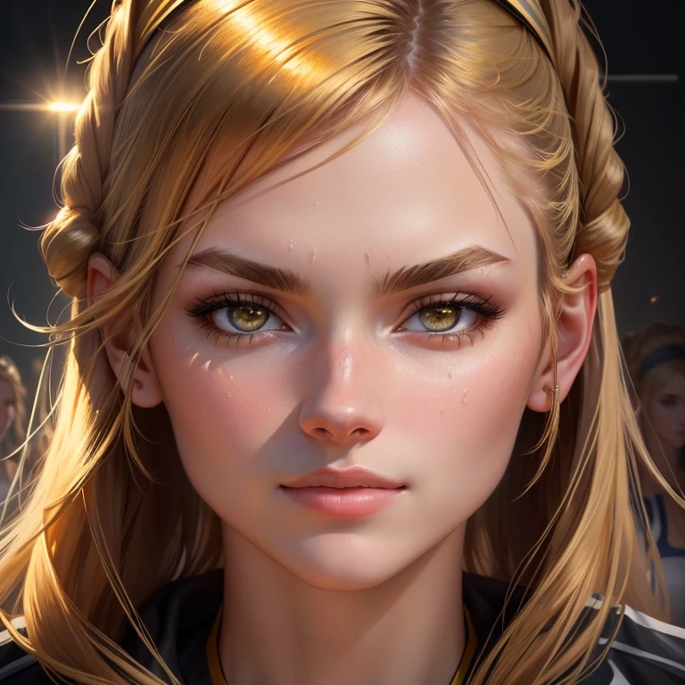 Volleyball players Beauties, face illuminated by bright light, face full of confidence and concentration, The perfect female face of the goddess, Деталь 8k, photo realistic style, sharp-focus, Professional lighting, colorful details, The painting is built according to the rule of the golden ratio