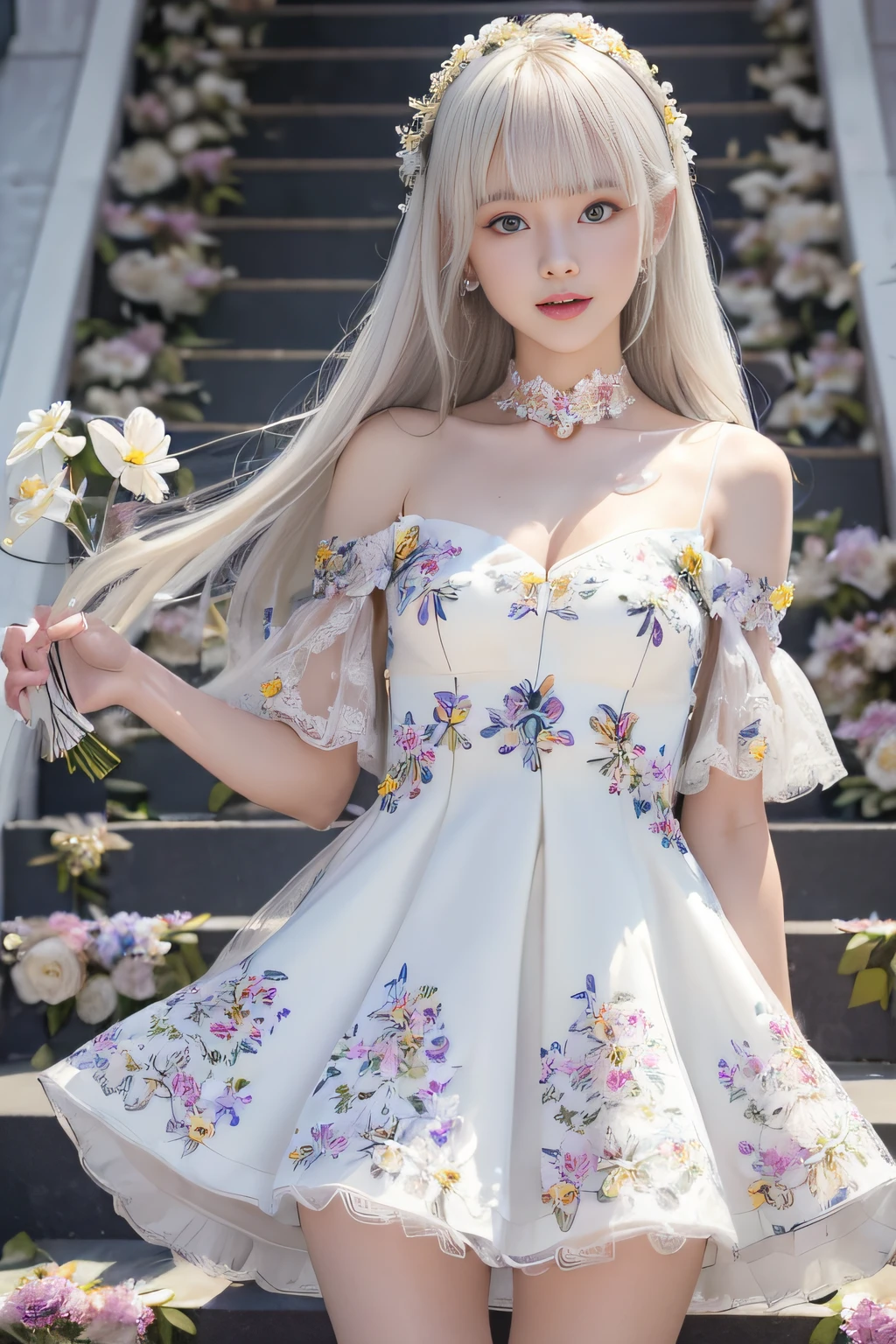 portlate、bright expression、Young shiny shiny white shiny skin、Best Looks、ultimate beauty girl、The most beautiful platinum blonde hair in the world、shiny light hair,、Super long silky straight hair、Beautiful bangs that shine、Glowing crystal clear attractive blue eyes、Very beautiful nice cute 16 year old girl、Lush bust、((A girl standing in front of the theater stairs))、 Silver hair, Bangs, Blunt bangs, Long straight hair, aqua eyes, longeyelashes, Solid Circle Eyes, makeup, Open mouth, blush, Parted lips, Bright pupils, smiley, Seductive smile, glint, surrealism, Modern、Black pantyhose、high-heels、mix4、((Pure white dress、Floral dress、、off shoulders、up skirt: 1.6))、Skyscrapers are hazy in the windows、((Skirt soars in the wind)),((Showing white lace panties)),((Raise the hem of the skirt with your hands))