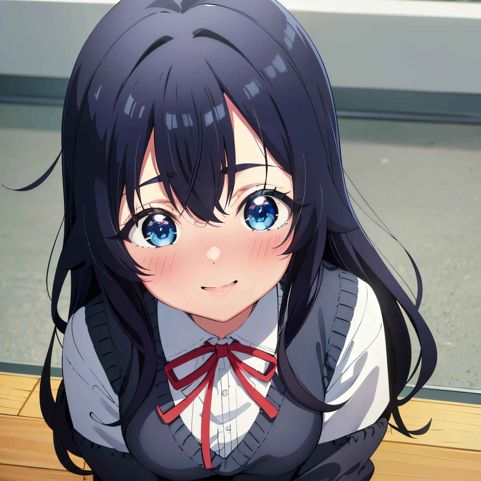 pov(from above),1girl,alone,shizuka Yoshimoto, long hair, dark blue hair, blue eyes, ribbon on neck, red ribbon, white shirt, black skirt, embarrassed, smiling, long sleeves, school uniform, bracelet, vest sweater, classroom, point of view, selfie, smile, blush all over, standing, 1 girl, (masterpiece: 1.3), (high resolution), (8K), (extremely detailed), (4k ), (pixiv), perfect face, nice eyes and face, (best quality), (super detailed), detailed face and eyes, (only), textured skin, absurdities, high resolution, small breasts, medium waist, medium thighs