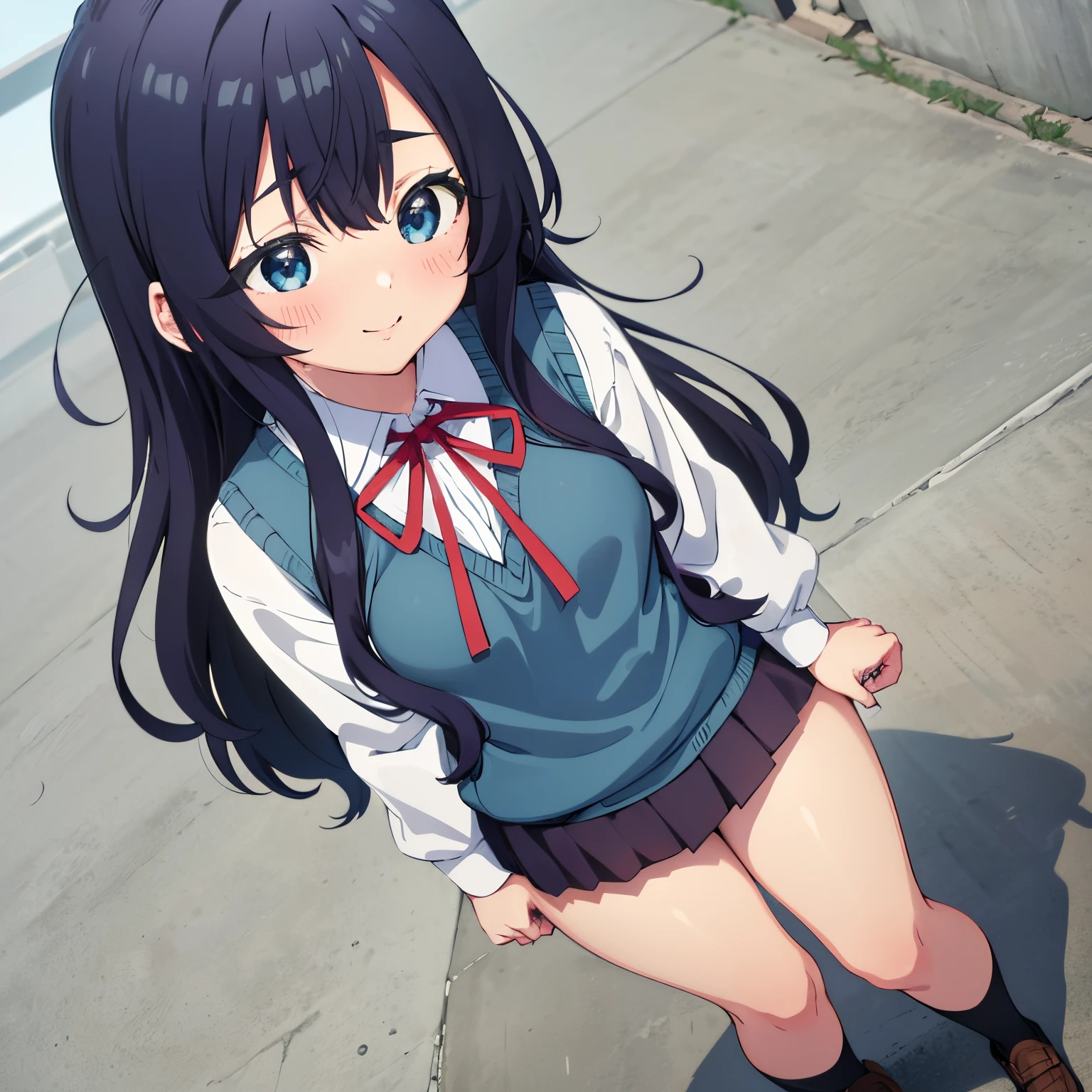 pov(from above),1girl,alone,shizuka Yoshimoto, long hair, dark blue hair, blue eyes, ribbon on neck, red ribbon, white shirt, black skirt, embarrassed, smiling, long sleeves, school uniform, bracelet, vest sweater, classroom, point of view, selfie, smile, blush all over, standing, 1 girl, (masterpiece: 1.3), (high resolution), (8K), (extremely detailed), (4k ), (pixiv), perfect face, nice eyes and face, (best quality), (super detailed), detailed face and eyes, (only), textured skin, absurdities, high resolution, small breasts, medium waist, medium thighs