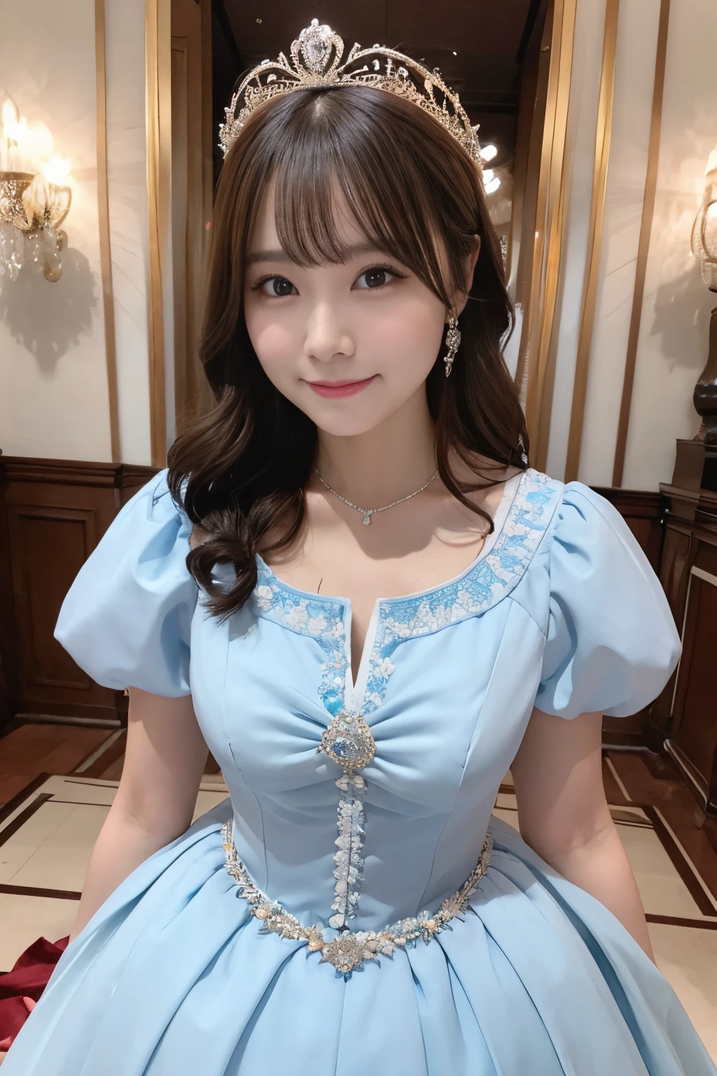 Front view of a woman wearing a crown、is wearing dress、Deities々Right、Ceremony、[photos realistic]!!,Candid flash photography、magnifica、Front composition、Smiling、from waist up