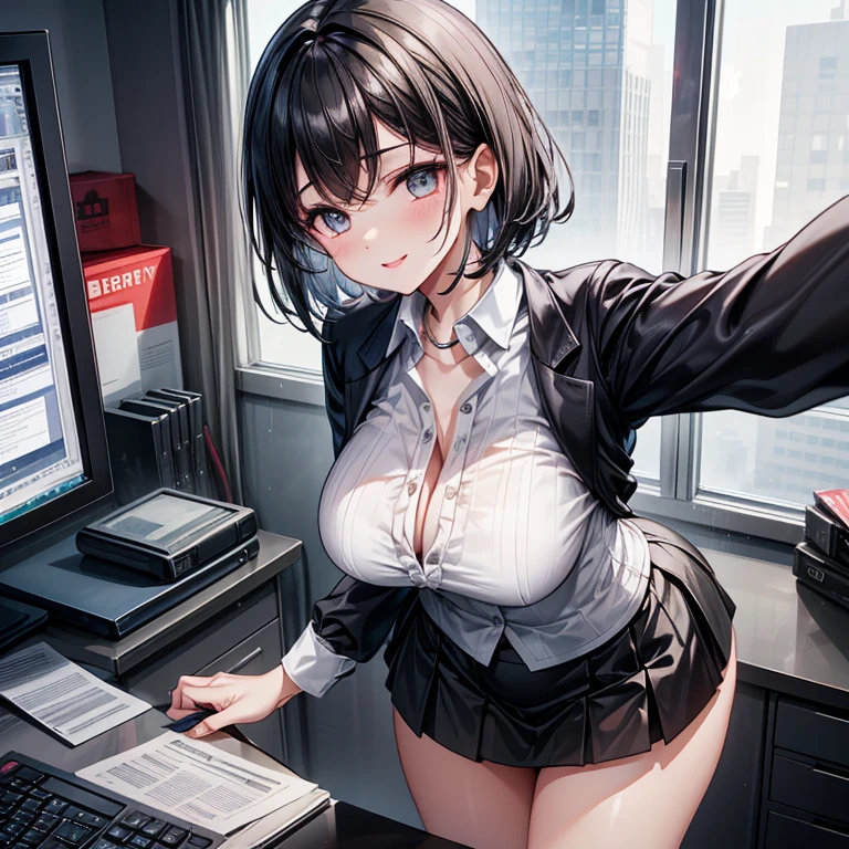 1girl, (office worker), navel up shot,(selfie with both hands),  (loosening the collar, wide open :1.4), (exposing her chest), (laying her chest bare), (voluptuous lips), smiling full of delight, smiling full of compassion , kissing face, incoming kiss, half opened mouth, heart shaped pupils, blushed cheek, super beautiful, perfect body, medium large breast, thin eyebrows, top quality,(glossy black hair, extra short hair, bobstyle, straight bang), wearing business attire, it consists white frilled dress shirt, dark gray suit jacket and dark gray knee length tight skirt, the frill on shirt is very delicate and compilaced pattern, at a large office with a lot of computer, sunny outside the window, 8k, ultra detailed, masterpiece,