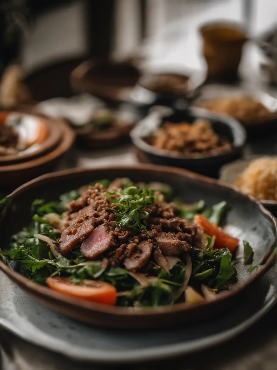 At the dinner table, A plate of Korean food, Topped with thin meat slices, Minced meat, Greens, and shallots, shot on 50mm f5.6