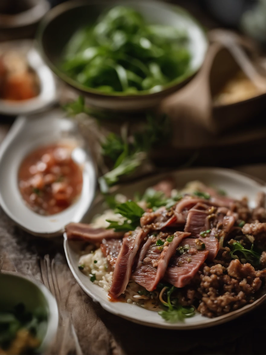 At the dinner table, A plate of Korean food, Topped with thin meat slices, Minced meat, Greens, and shallots, shot on 50mm f5.6