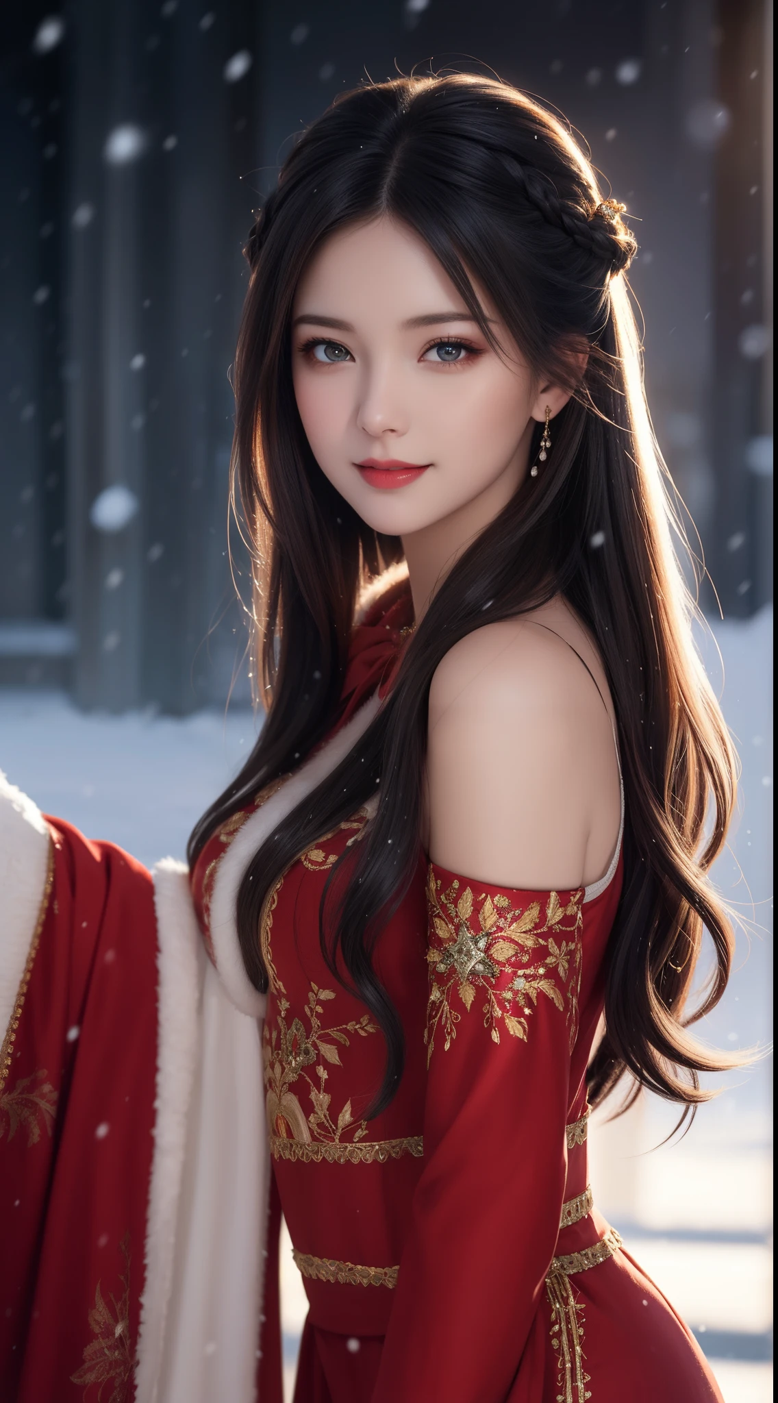 (Aesthetic, High Resolution: 1.2), beautiful 20 year old woman wearing an intricately detailed red boby Santa Claus costume, symmetrical costume structure, bright eyes, cheerful smile , hairstyle changes, snow is falling, snow in hair. Professional photographer, minimalism, concept art, intricate detail, 8k post-production, High Definition, Super Detail, trending on ArtStation, sharp focus, artistic dark studio photos , intricate detail, High detail, By Greg Rutkowski, Artistic bright and dark lowlights, Vivid colors. Outdoor winter scene with snow in the evening, A slight smile, True art, various hairstyles and color changes, Passionate mood, Seductive expressions, Sexy lips, Wet lips , Seductive closed eyes, Seductive appearance, suggestive posture.
