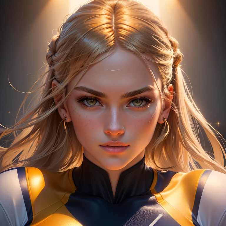 a muscular blonde woman, 1girl, super saiyan, hyperrealistic, digital painting, cinematic lighting, masterpiece, 8k, hyper detailed, intricate, dramatic, powerful, dynamic pose, glowing energy aura, golden hair, intense expression, chiseled features, flawless skin, sharp focus, photorealistic, volumetric lighting, cinematic composition, vibrant colors, epic, awe-inspiring
