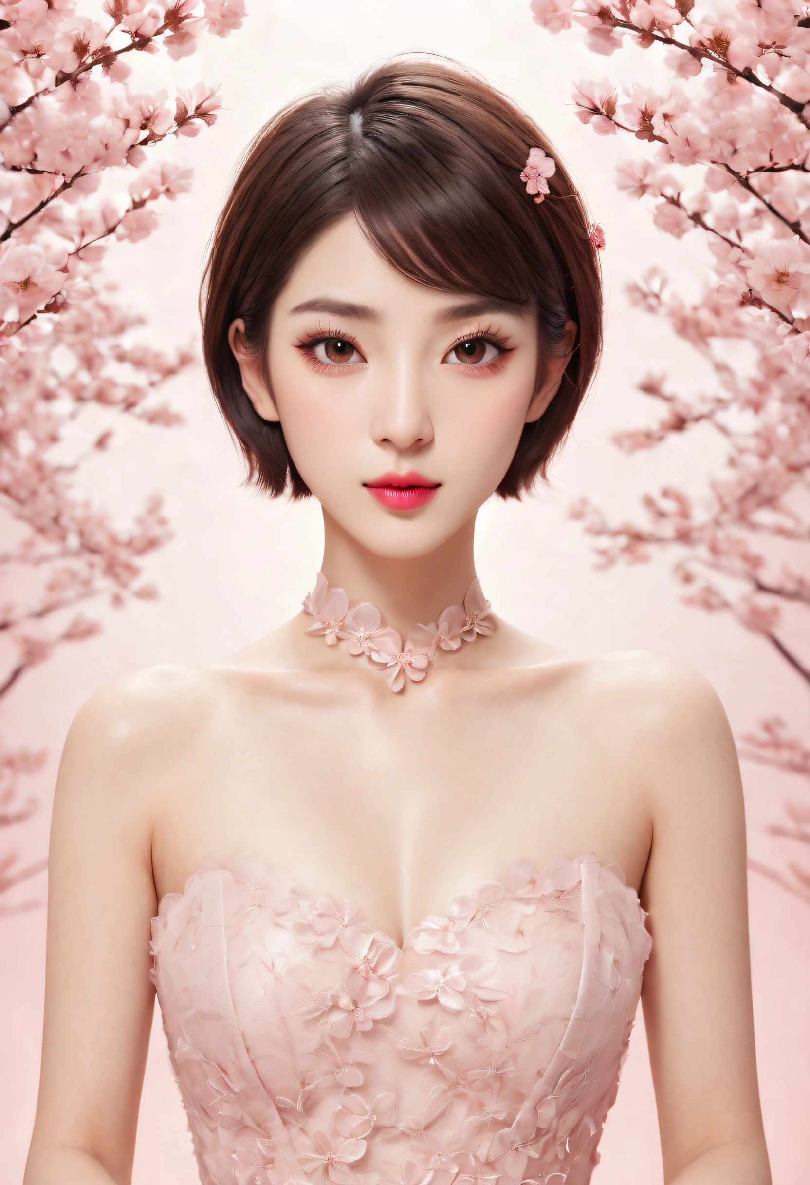 beautiful japanese young woman, thick symmetrical features, very short hair, background is cherry blossoms, pink aura, red lips, octane render,