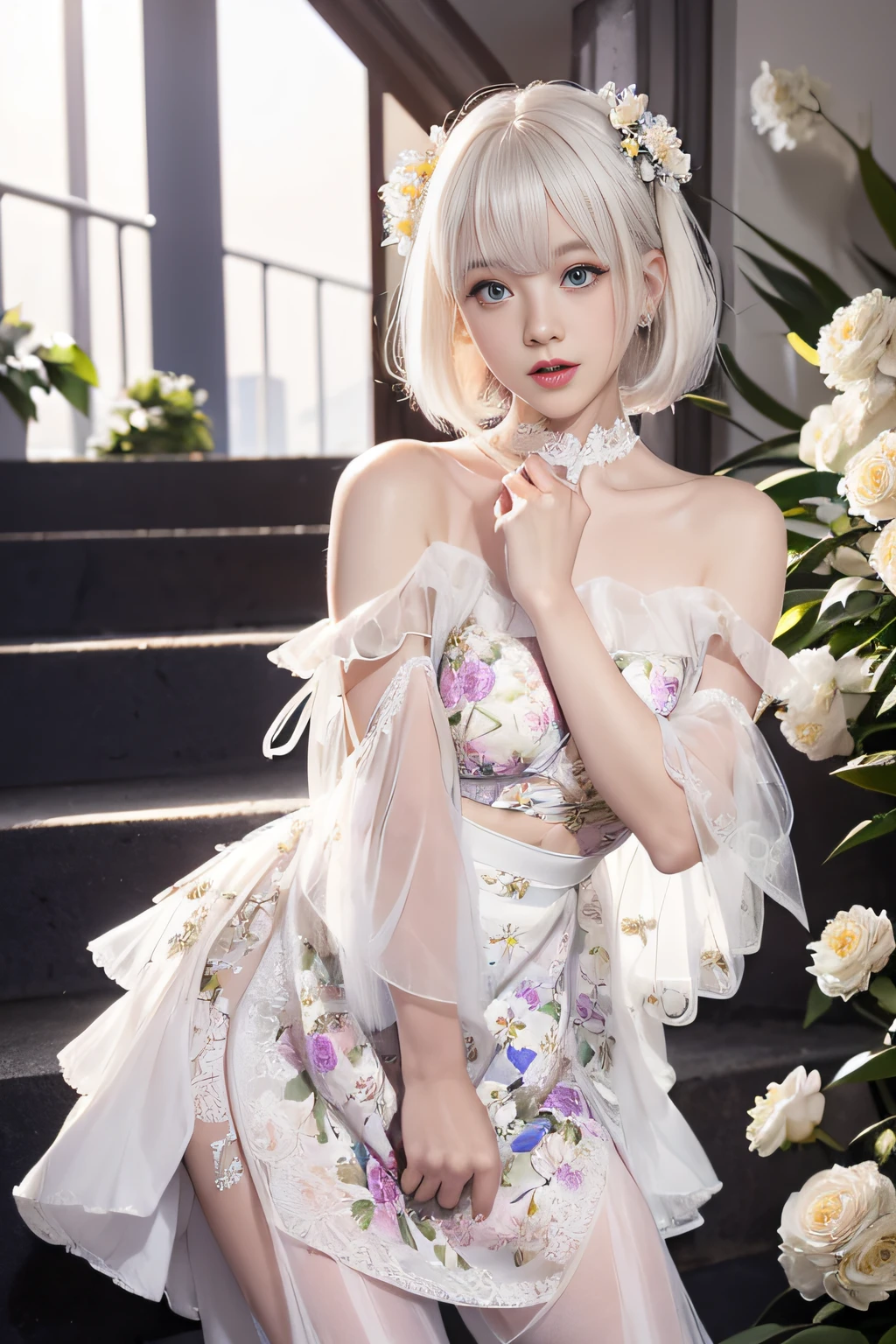 portlate、bright expression、Young shiny shiny white shiny skin、Best Looks、ultimate beauty girl、The most beautiful platinum blonde hair in the world、shiny light hair,、Super long silky straight hair、Beautiful bangs that shine、Glowing crystal clear attractive blue eyes、Very beautiful nice cute 16 year old girl、Lush bust、((A girl standing in front of the theater stairs))、 Silver hair, Bangs, Blunt bangs, Long straight hair, aqua eyes, longeyelashes, Solid Circle Eyes, makeup, Open mouth, blush, Parted lips, Bright pupils, smiley, Seductive smile, glint, surrealism, Modern、Black pantyhose、high-heels、mix4、((Pure white dress、Floral dress、、off shoulders、up skirt: 1.6))、Skyscrapers are hazy in the windows、((Skirt soars in the wind)),((White lace panties are visible))
