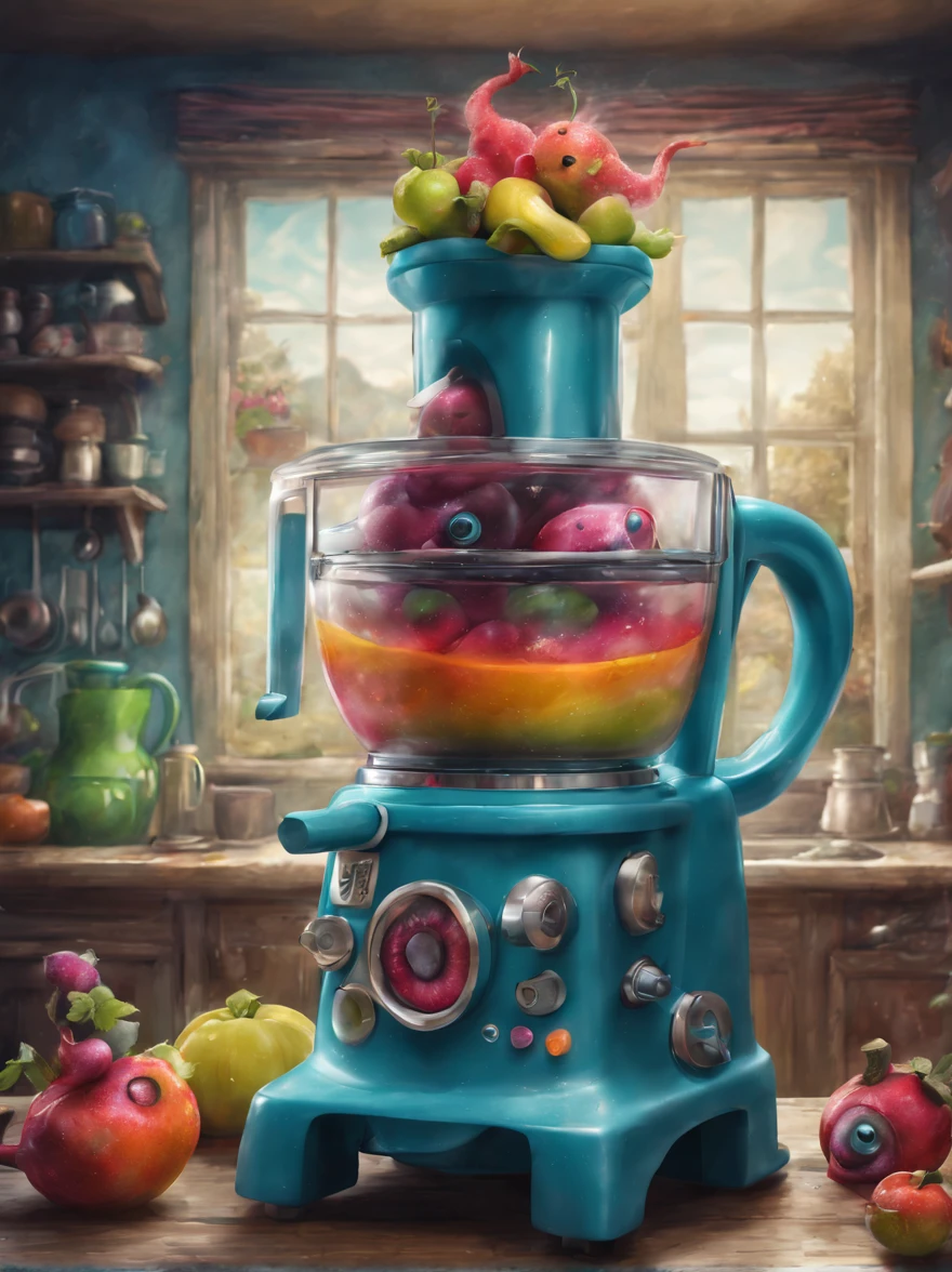 colorful juicer monster, Artistically rendered, styles:by Alexander Jansson, amazingly beautiful work, Landscape characters and elements fit perfectly within the image frame, Detailed realization, Definition High Quality, expressive faces, Sharp eyes,(Background with:ghost house kitchen),masterpiece,cute monster