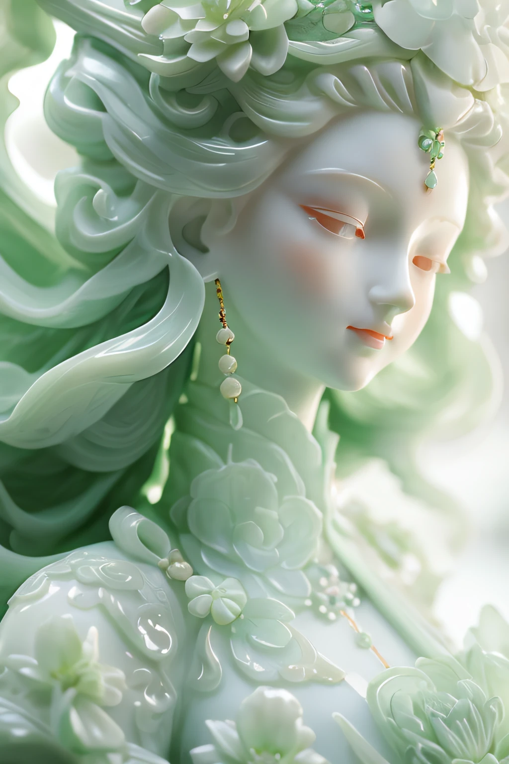 There is a statue of a woman with flowers on her head, goddes. extremly high detail, goddess close-up portrait, jade sculpture, 3d goddess portrait, pale milky white porcelain skin, Very detailed shot of the goddess, guanyin of the southern seas, light green tone beautiful face, EtherealBeauty, Avalokitesvara, Elegant lady with alabaster skin, CG social masterpiece