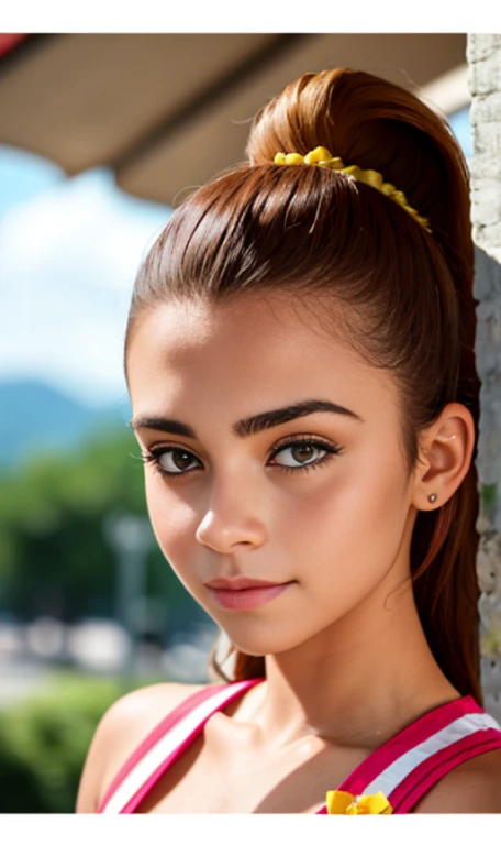 Photo of a 14 year-old american girl, .RAW, beautiful teenage girl, (Long brown hair with ponytail), light brown hair ponytail hairstyle((retrato)), ((Cara detallada:1.2)), ((Detailed facial features)), (Piel finamente detallada) , (Masutepiece) (proporciones perfectas)(fotos realistas)(La mejor calidad) (Detallado) fotografiado con una EOS R5 de Canon, Lente de 50 mm, f/2.8, NffSW, (8k) (papel tapiz) (cinematic lighting) (Dramatic lighting) (foco nítido) (Enrevesado) senos medianos , pechos medianos , pecas en mejillas , cuerpo completo , hermoso cuerpo de muje adolesente, lindo maquillaje , gran sonrisa , mujer delgada escultural , abrigo amarillo, guantes de color rosa, orejeras de color rosa, mallas termicas amarillas y botas de color cafe, fuera de casa , posando en escaleras