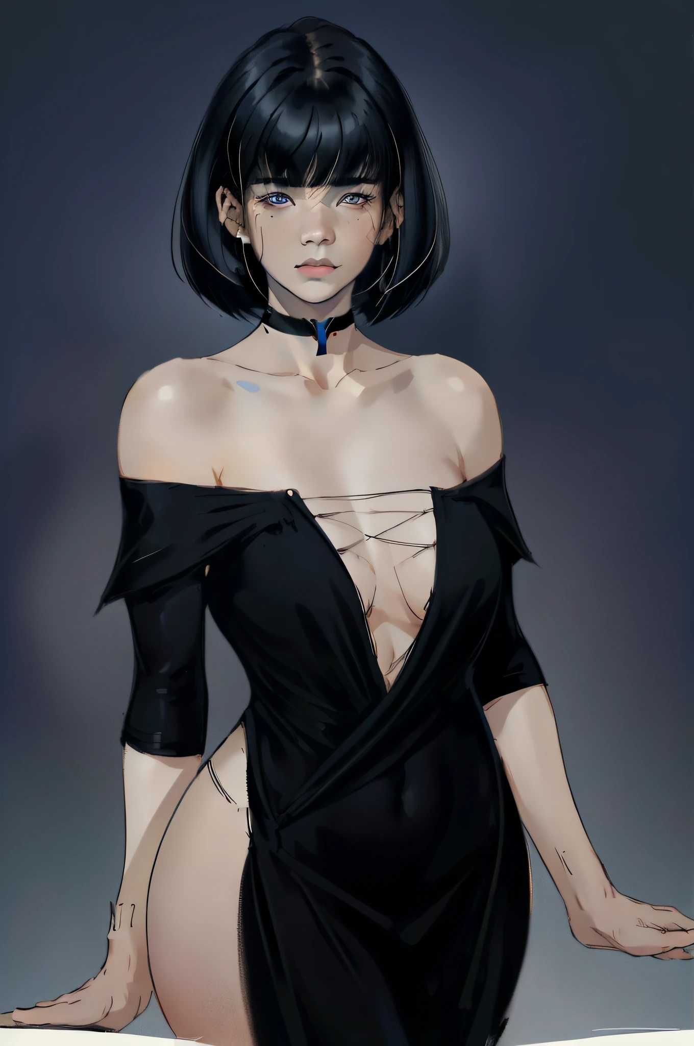 1girl, solo, standing, upper body,
black hair, shoulder-length hair, bob-cut hair, neat hair, (blunt bangs:1.2)
blue eyes, looking at viewer,
choker, black dress (skindentation:1.2),
curvy, large breasts, covered ,
(simple background, simple background:1.4), wlsdnjs950, (thick lines:1.2),