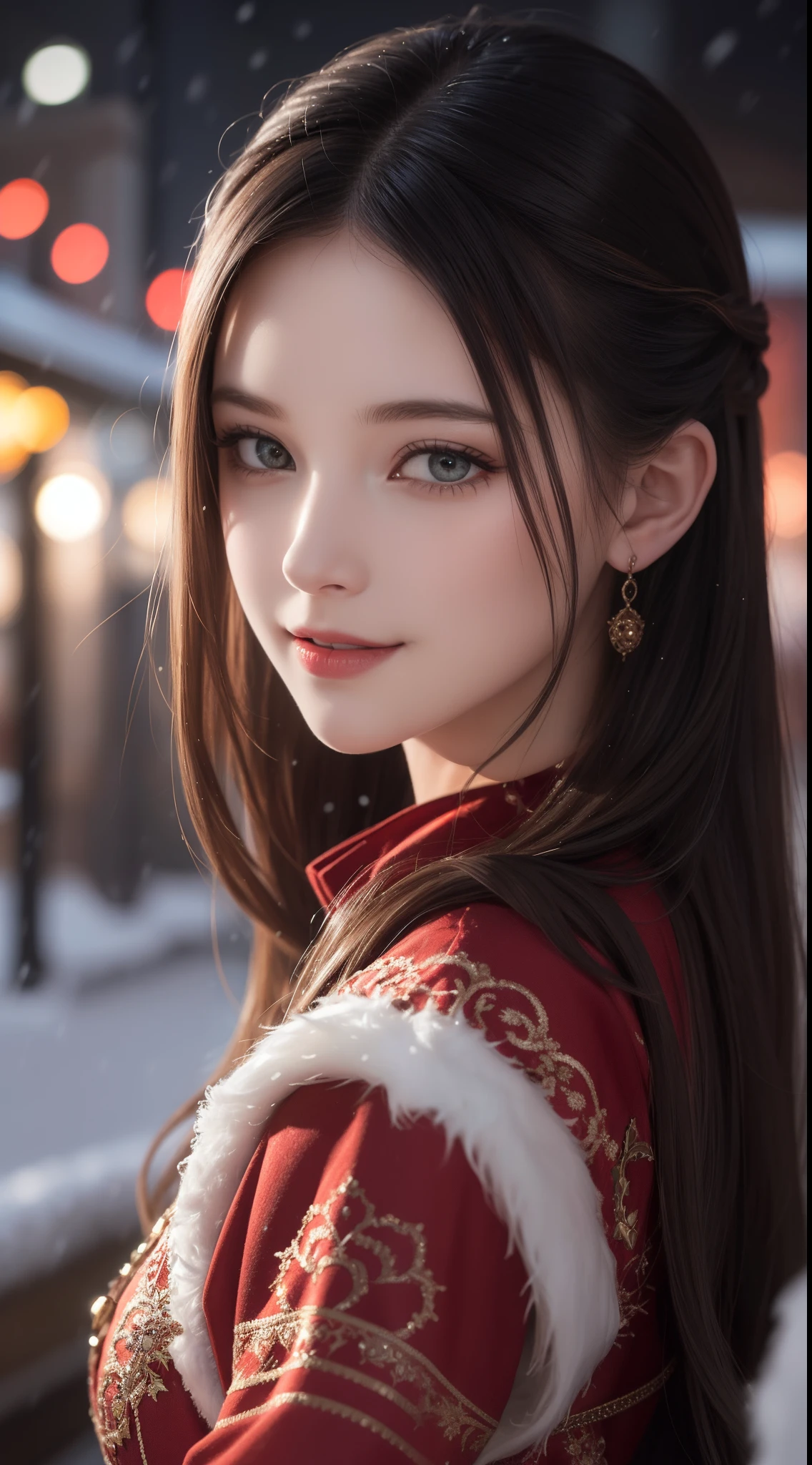 (Aesthetic, High Resolution: 1.2), beautiful 20 year old woman wearing an intricately detailed red boby Santa Claus costume, symmetrical costume structure, bright eyes, cheerful smile , hairstyle changes, snow is falling, snow in hair. Professional photographer, minimalism, concept art, intricate detail, 8k post-production, High Definition, Super Detail, trending on ArtStation, sharp focus, artistic dark studio photos , intricate detail, High detail, By Greg Rutkowski, Low light, professional light and dark art, Vivid colors. Outdoor winter scene with snow in the evening, A slight smile, True art, various hairstyles and color changes, Passionate mood, Seductive expressions, Sexy lips, Wet lips , Seductive closed eyes, Seductive appearance, suggestive posture.