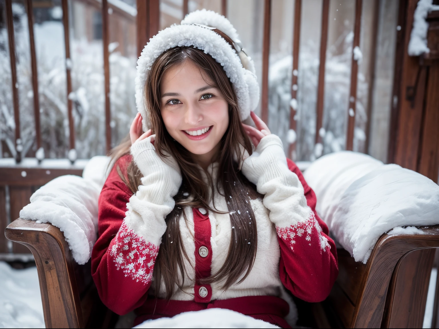 a 30yo woman is riding in a two-person one-horse open antique sleigh, outside in the open Colorado USA mountain snow, classic old-fashioned sleigh ride, red velvet button seats, blankets over her lap, winter earmuffs, mittens waving hello, her cheeks are rosy, smiling, warm in the open sleigh, life sized real sleigh ride, one photo in sequence, taken with my highest quality Leica camera, playful and relaxed moment