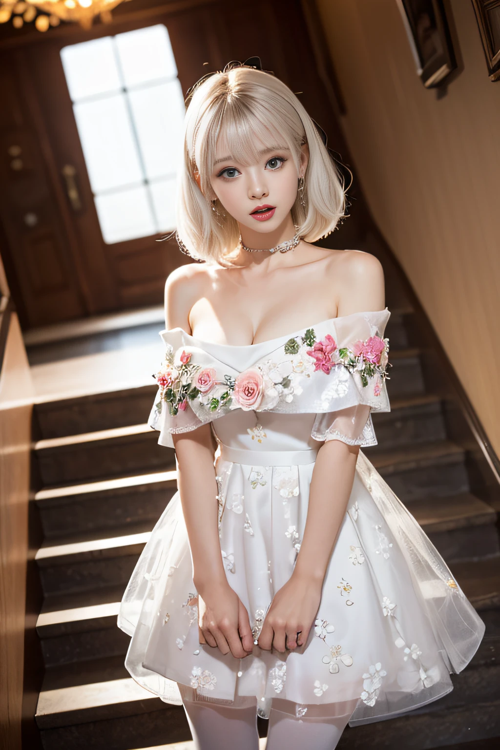 portlate、bright expression、Young shiny shiny white shiny skin、Best Looks、ultimate beauty girl、The most beautiful platinum blonde hair in the world、shiny light hair,、Super long silky straight hair、Beautiful bangs that shine、Glowing crystal clear attractive blue eyes、Very beautiful nice cute  girl、Lush bust((girl standing on the lobby stairs)）、 Silver hair, Bangs, Blunt bangs, Long straight hair, aqua eyes, longeyelashes, Solid Circle Eyes, makeup, Open mouth, blush, Parted lips, Bright pupils, smiley, Seductive smile, glint, surrealism, Modern、Black pantyhose、high-heels、（(Pure white dress、Floral dress、、off shoulders、up skirt: 1.6)）、Skyscrapers are hazy in the windows、mix４、((Skirt soars in the wind)),((lift up skirt))lift up skirt、