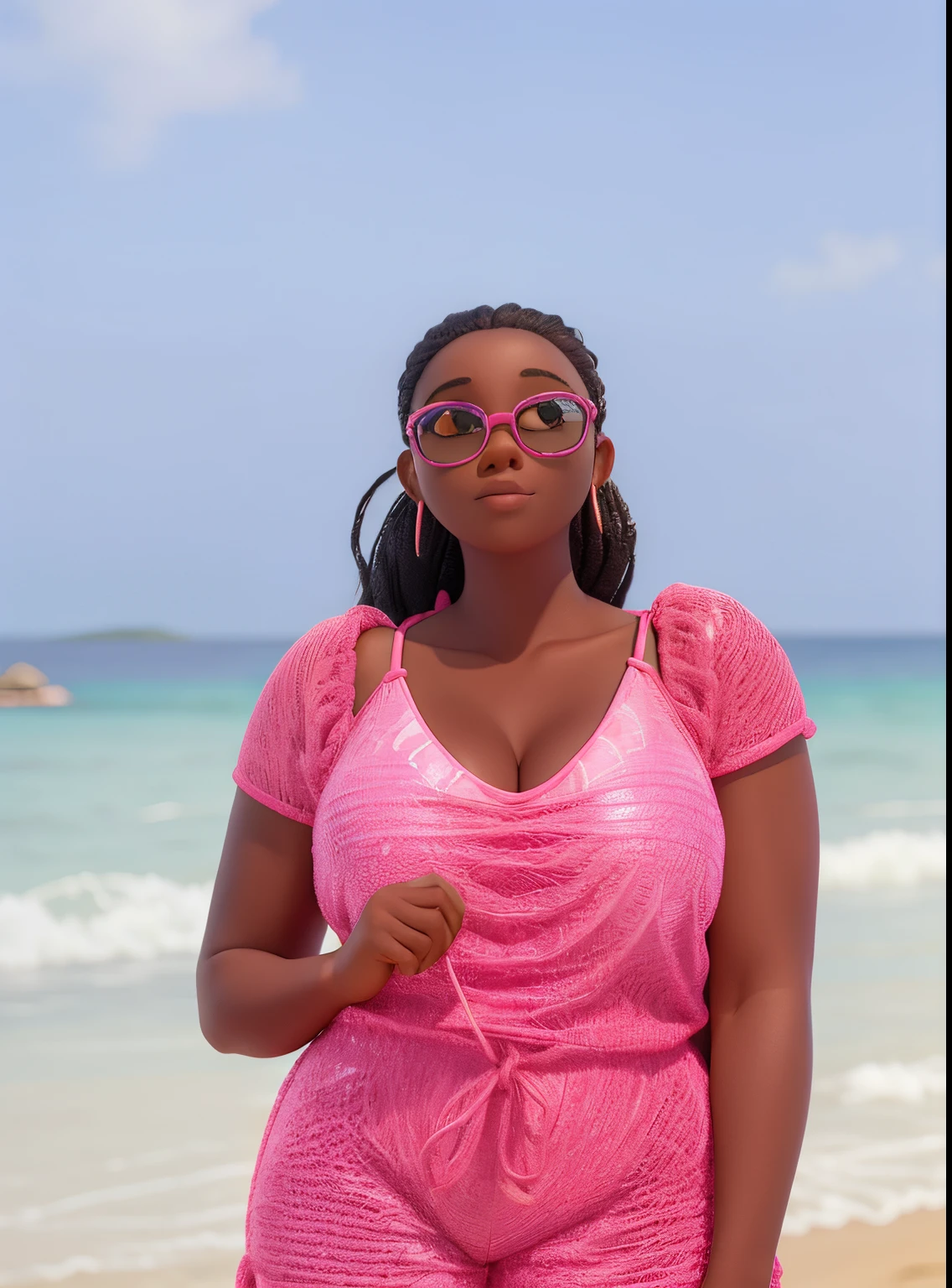 Single lady, dark skinned wearing a pink swim suit with pink fish net coverall, blue earrings, holding sunglasses standing at the beach with ocean background