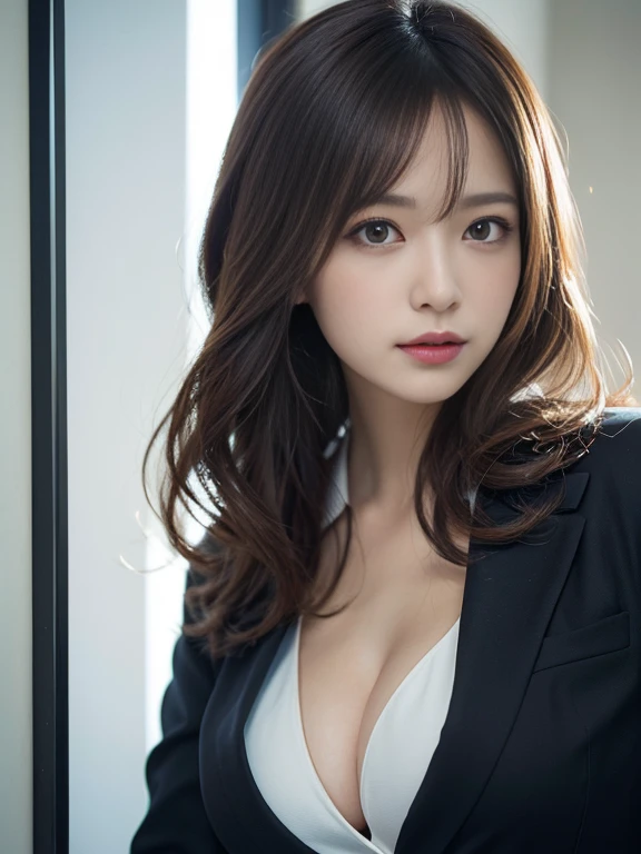masutepiece, Best Quality, Illustration, Ultra-detailed, finely detail, hight resolution, 8K Wallpaper, Perfect dynamic composition, Beautiful detailed eyes, Business Suit, Natural Lip, Big breasts, Natural hair, Suite Room,