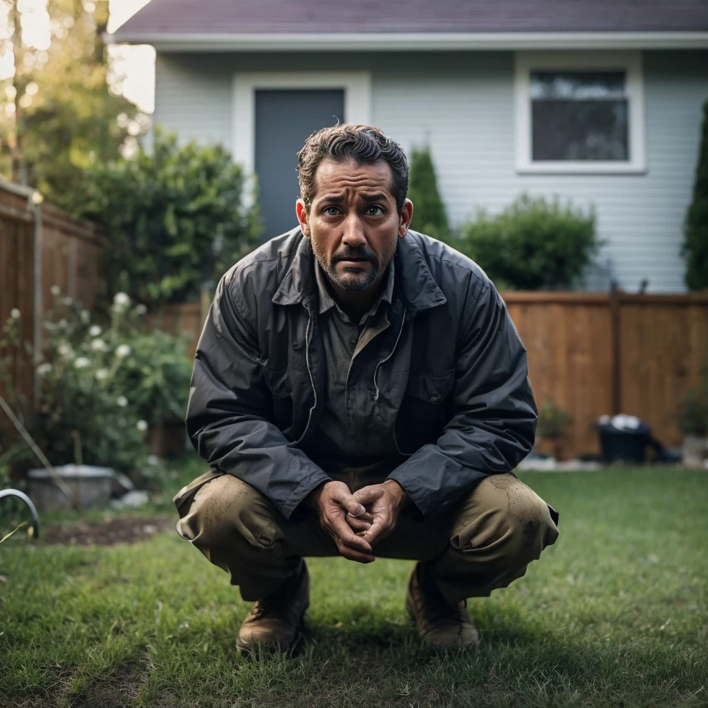 A man, scared, crouched in the backyard, shitting
