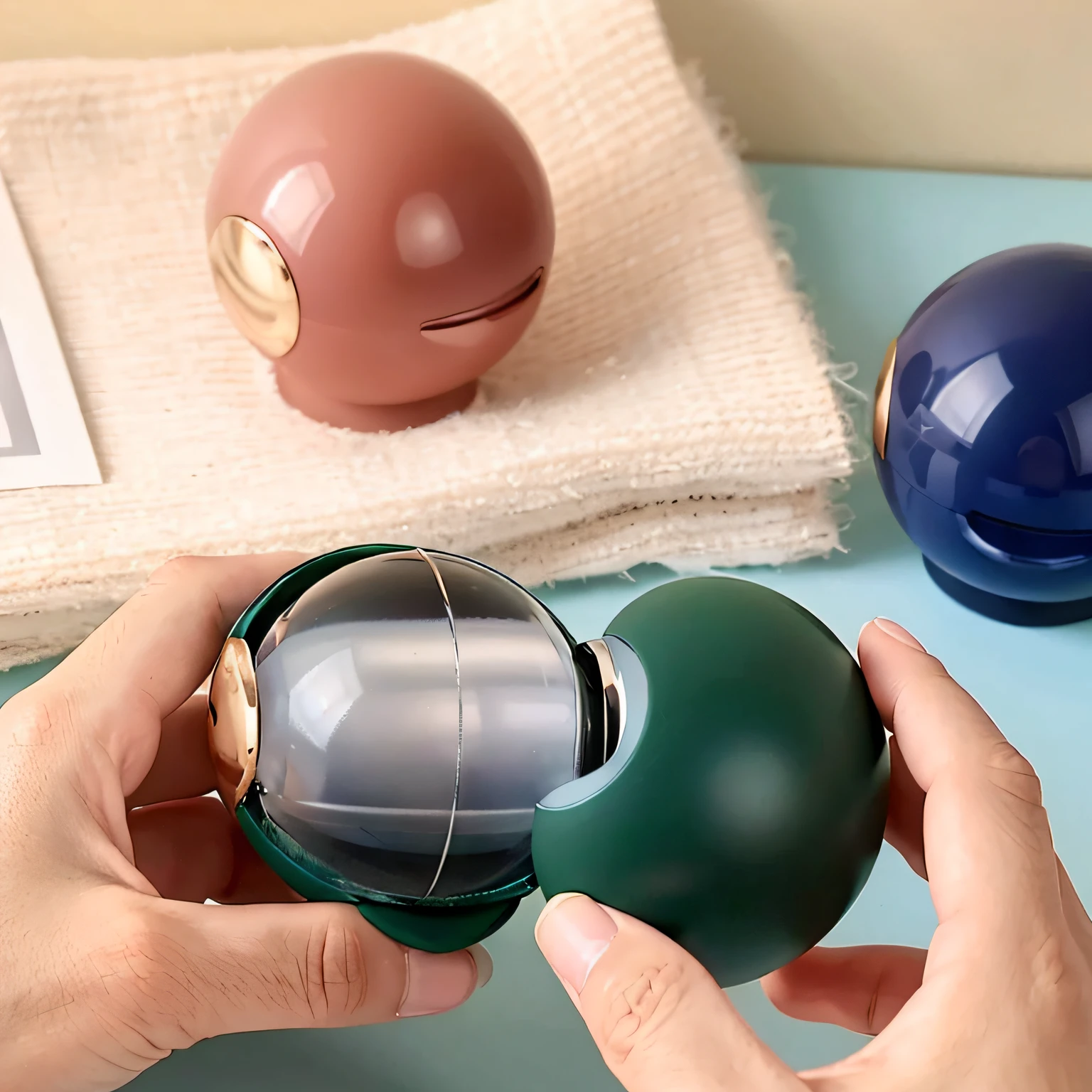someone is holding a green object in their hand near a blue table, spherical body, spherical, eero aarnio, 360º, easy to use, innovative product concepts, orb, smooth rounded shapes, smooth round shapes, freezing, futuristic product design, healing pods, various colors, hibernation capsule close-up, sleek round shapes