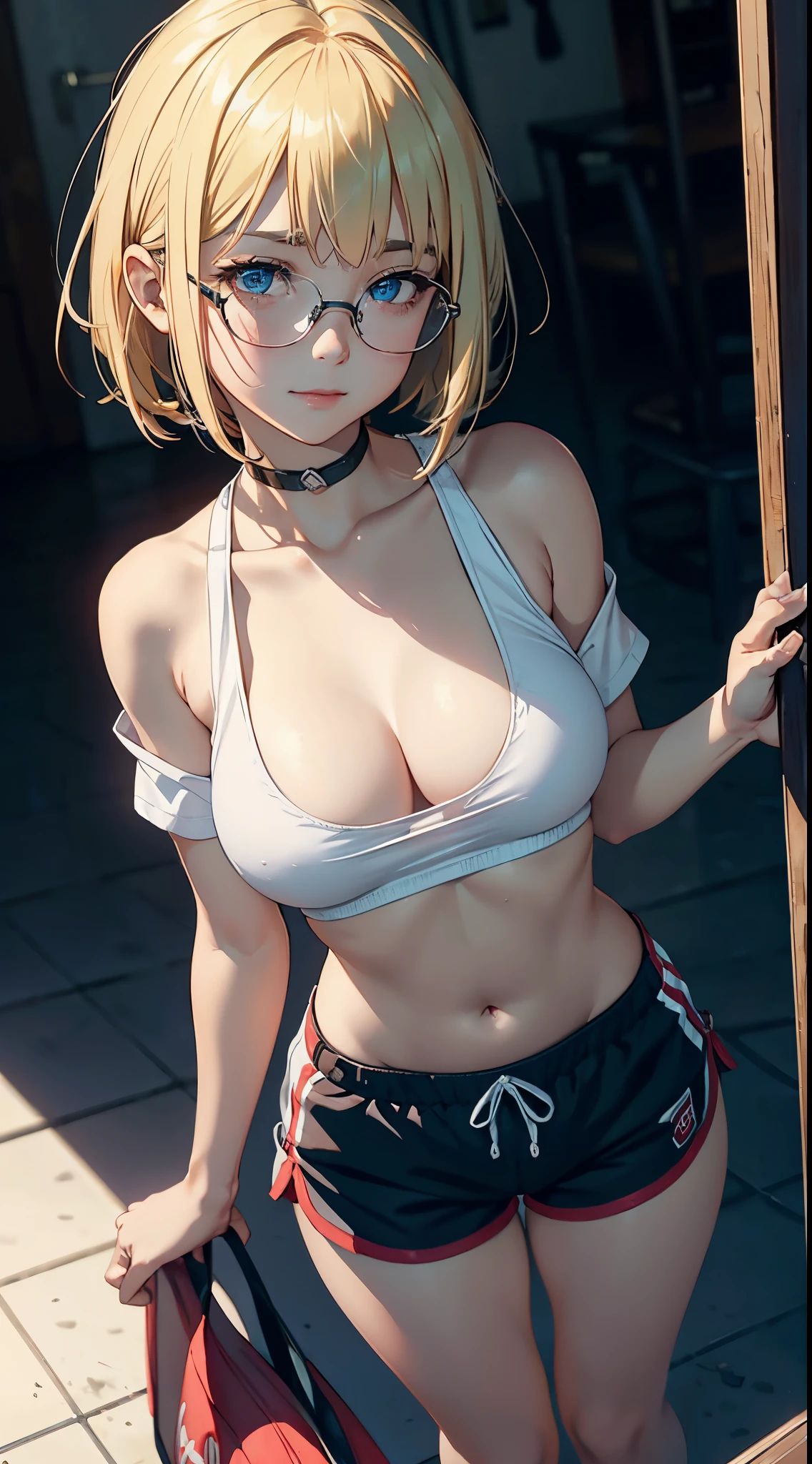 1girl, bangs, tight shoulders, Loli body, girl, blonde hair, short hair, blue eyes, breasts, cleavage, sweetheart neckline, closed mouth, Eyebrows visible in hair, Big breasts, Looking at viewer, smile, tense, standing, dolphin shorts, red gym shorts, front viewer showing breasts, Ultra HD |, 4k image, glasses
