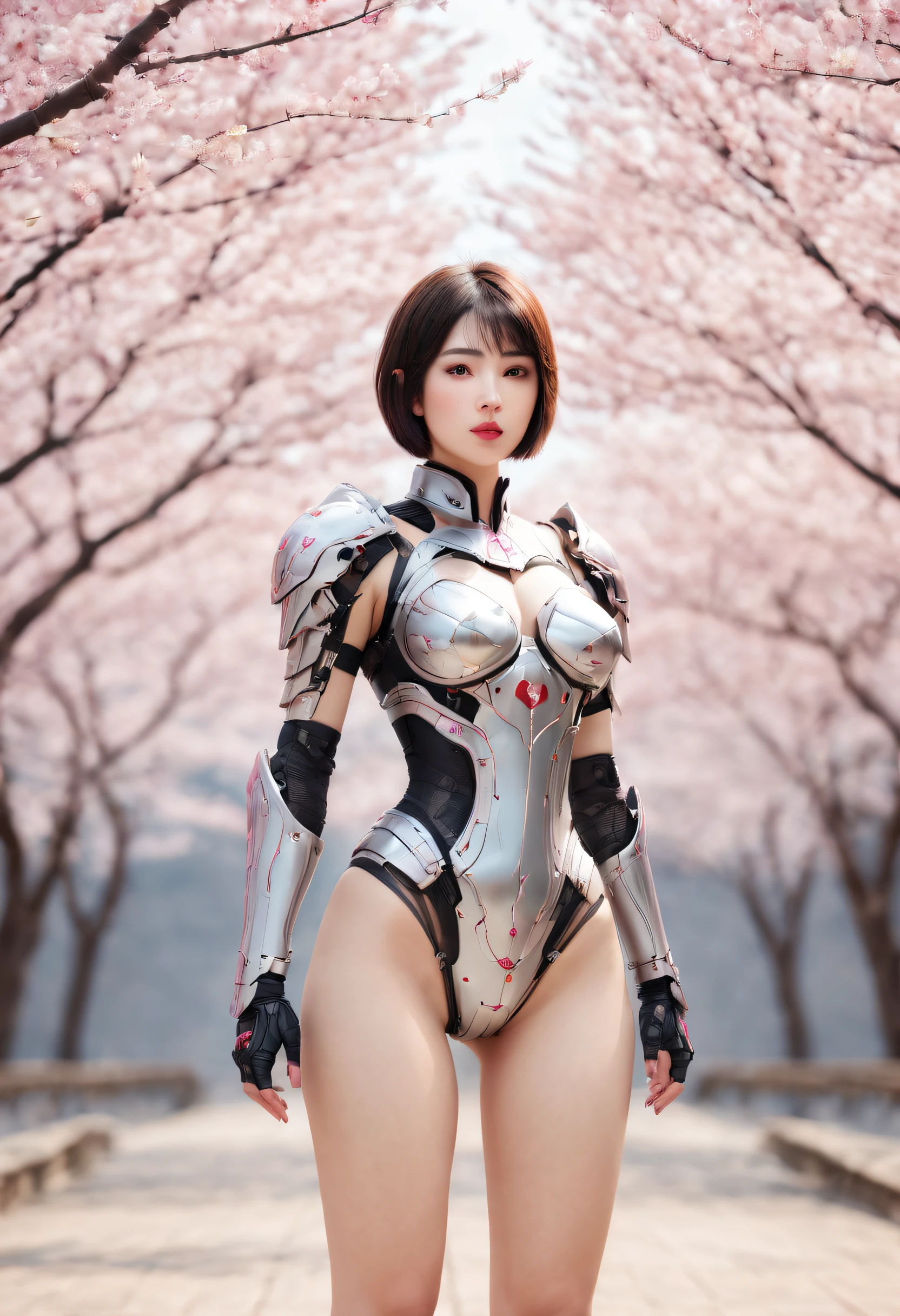 beautiful japanese young woman, wearing cyborg armor, thick symmetrical features, very short hair, background is cherry blossoms, pink aura, red lips, octane render,