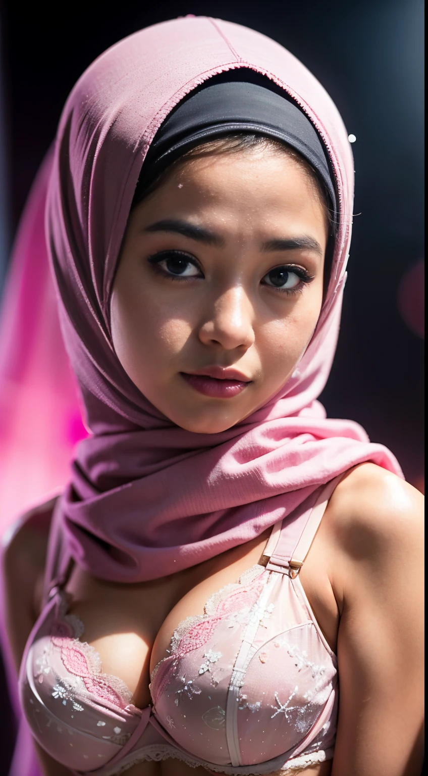 1 malay girl , modern plain hijab, shy, medium portrait shot , watery eyes , pink glowing particles, wear pastel pink lace bra, big breast, pink light bokeh background, proportional body,