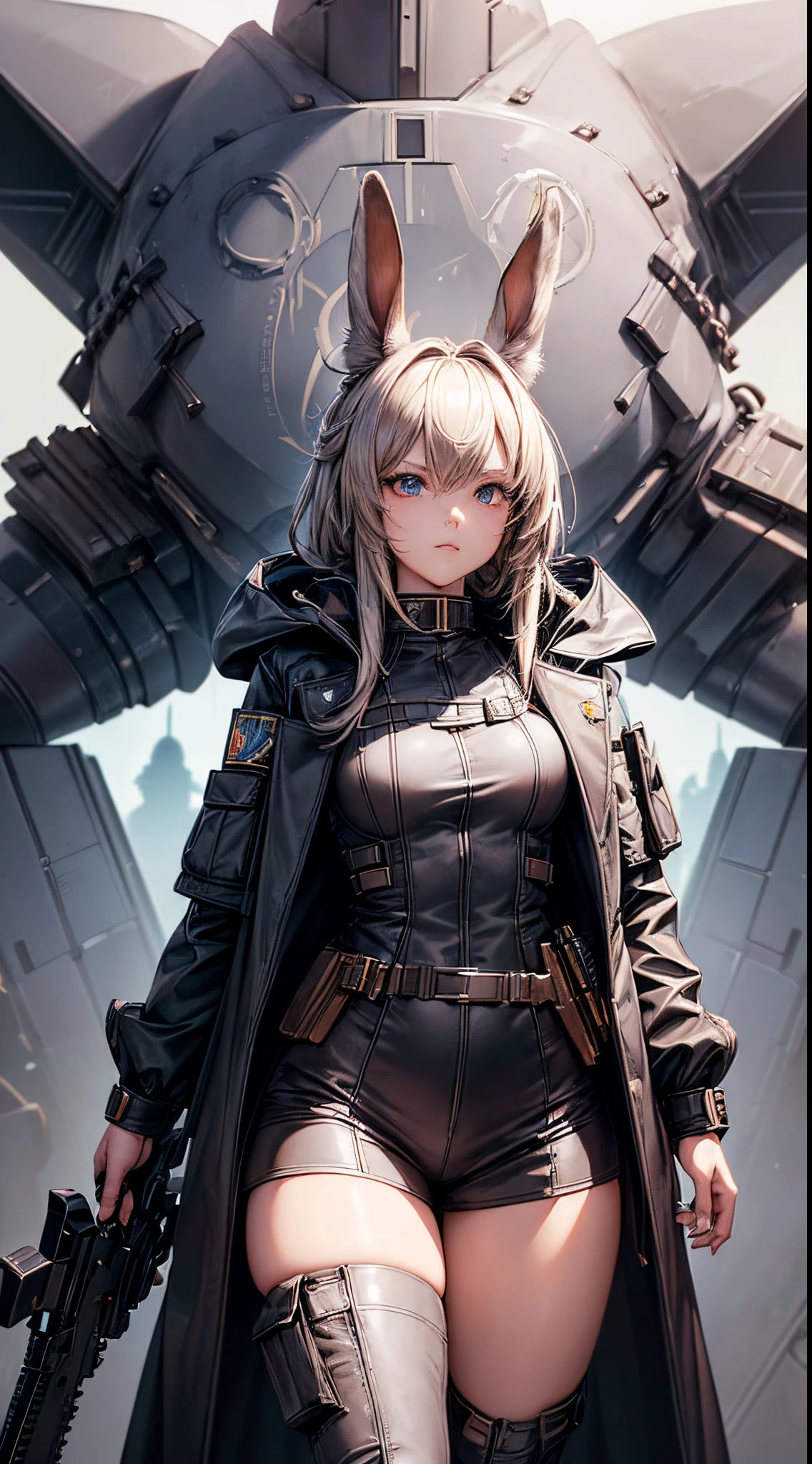 masterpiece, high quality, character concept art, (detailed face, detailed eyes, detailed body:1.5), ARKNIGHTS, sci-fi knights, anthro, rabbit features, rabbit ears and tails, (wearing sexy elegant future outfit trench coat with hood with straps and accessories, cargo pants, military vest), holding weapon, action pose, battle damage