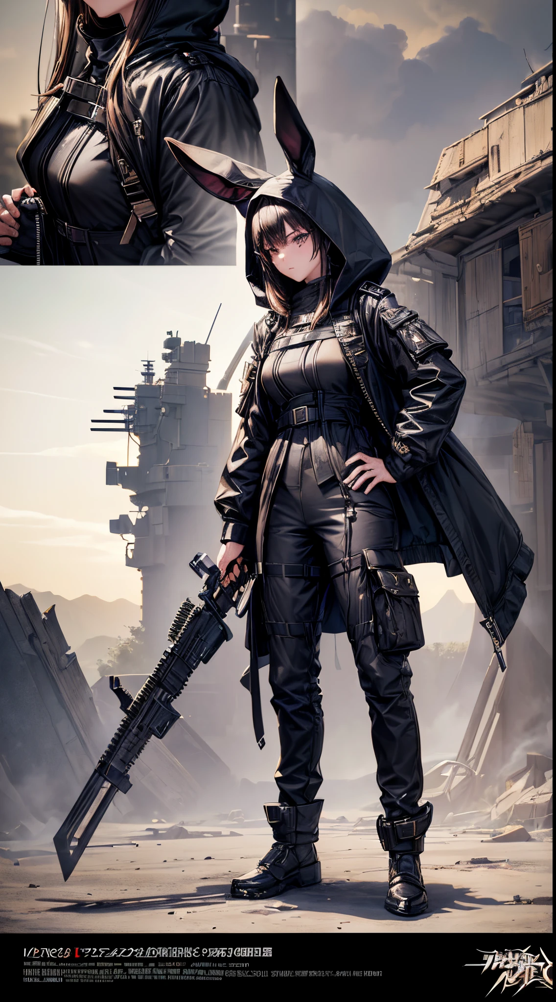 masterpiece, high quality, character concept art, (detailed face, detailed eyes, detailed body:1.5), ARKNIGHTS, sci-fi knights, anthro, black color, rabbit features, rabbit ears and tails, (wearing sexy elegant future outfit trench coat with hood with straps and accessories, cargo pants, military vest), holding weapon, action pose, battle damage
