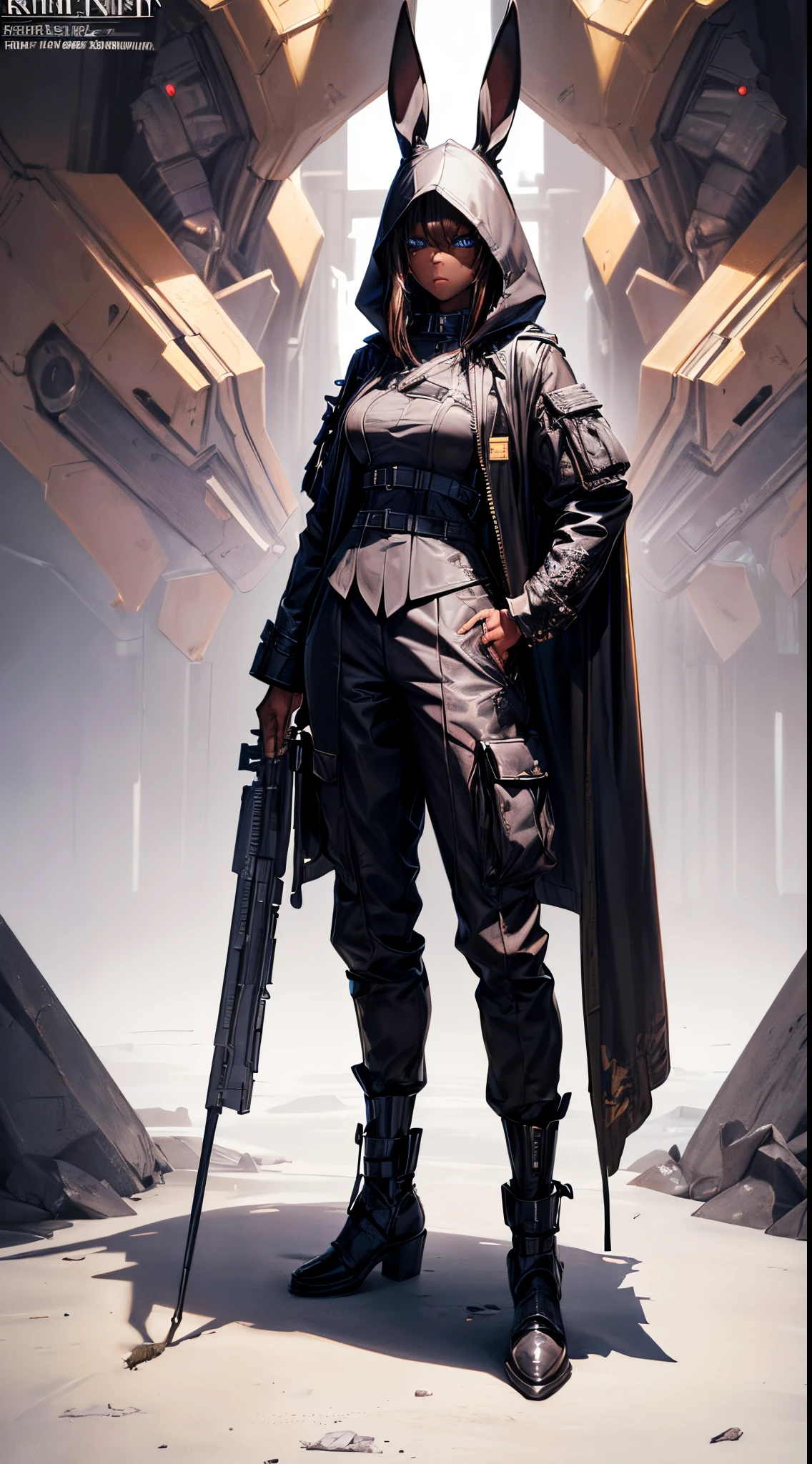 masterpiece, high quality, character concept art, (detailed face, detailed eyes, detailed body:1.5), ARKNIGHTS, sci-fi knights, anthro, black skin color, rabbit features, rabbit ears and tails, (wearing sexy elegant future outfit trench coat with hood with straps and accessories, cargo pants, military vest), holding weapon, action pose, battle damage