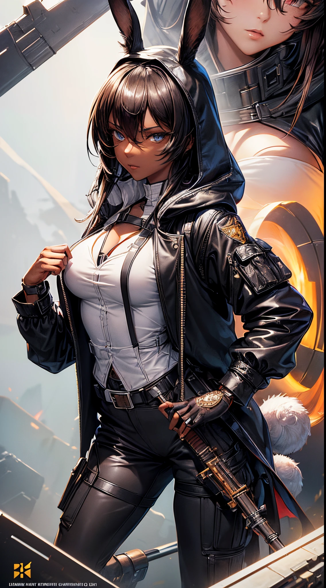 masterpiece, high quality, character concept art, (detailed face, detailed eyes, detailed body:1.5), ARKNIGHTS, sci-fi knights, anthro, black skin color, rabbit features, rabbit ears and tails, (wearing sexy elegant future outfit trench coat with hood with straps and accessories, cargo pants, military vest), holding weapon, action pose, battle damage