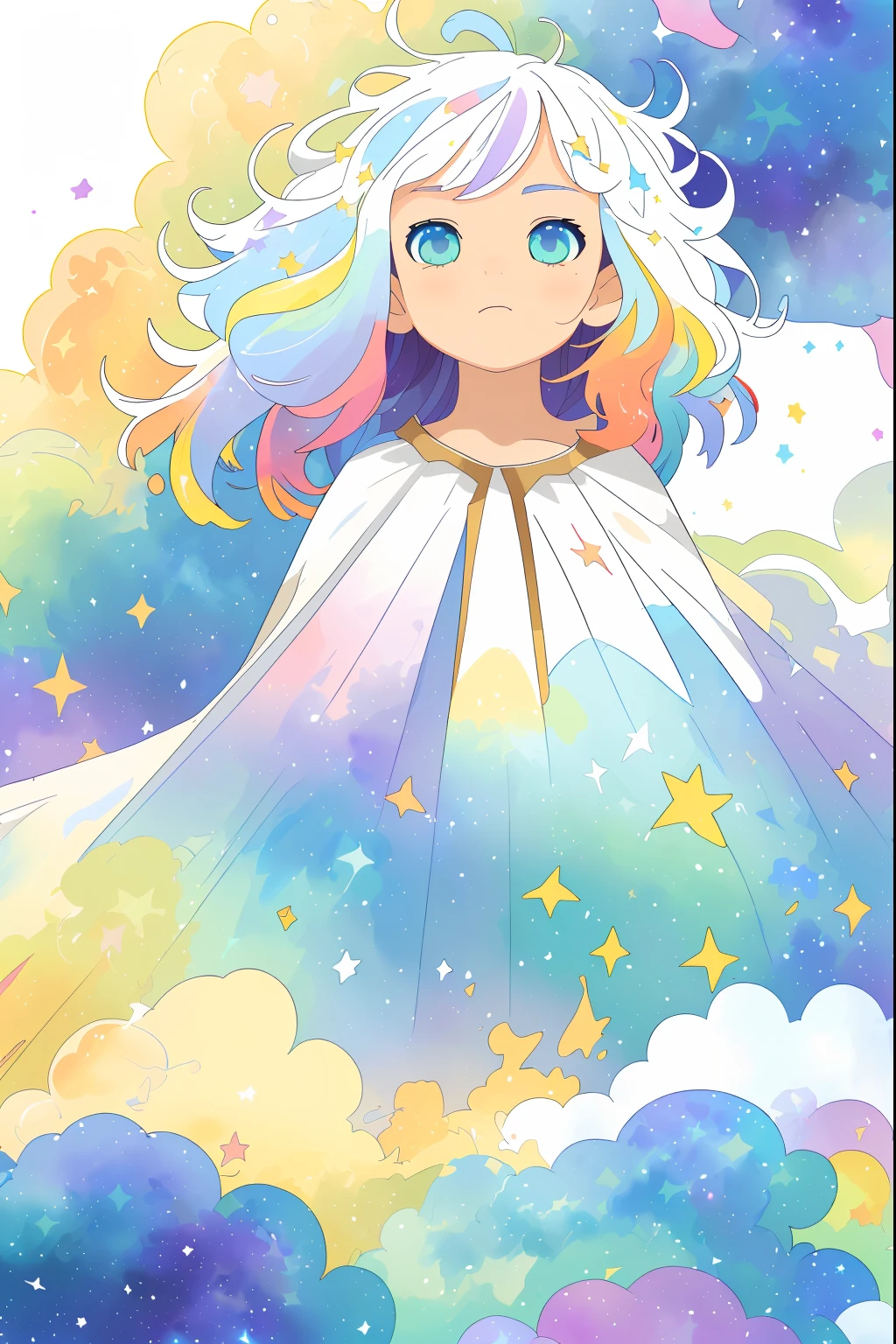 ((masterpiece)), (((best quality))), ((ultra-detailed)), ((illustration)),[realism light effect],shadow,(Fantasy style),(white background:1.6), simple background, (earth theme),(a cloak)[(hair focus,((1girl)),[(big slime hair): (cloud hair):0.3], (hair on background),(high saturation),(hair surrounded by galaxy splashes),)):((her hair is becoming galaxy clouds,:1.27628), (hair and clothes is galaxy clouds and cluster of stars:1.1025),(a cloak is becoming galaxy clouds)(colorful_galaxy_print_clusters_of_stars_print:1.35),((detailed starry sky with colorful galaxy and galaxy clouds):1.2)):0.35], (((masterpiece))),(((best quality))),((ultra-detailed)),(illustration),(dynamic angle),((floating)),(paint),((disheveled hair)),((beautiful detailed face)),collar,bare shoulders, ((colorful hair)),((streaked hair)),beautiful detailed eyes,(Gradient color eyes),(((colorful eyes))),(((colorful background))),(((high saturation))),(((surrounded by colorful splashes))),(((surrounded by colorful dot))),colorful bubble,((shining)),
