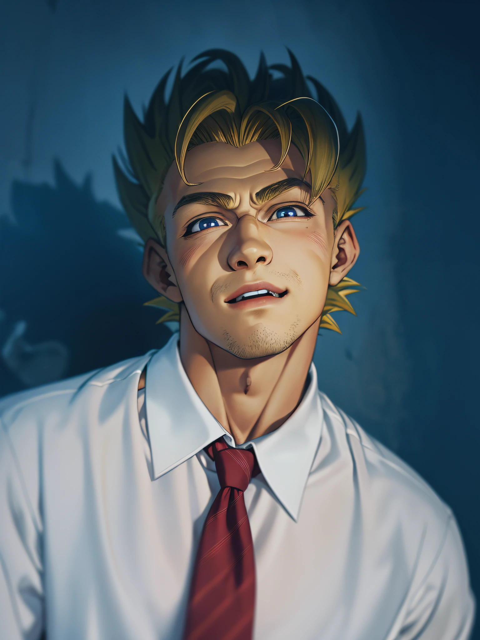arafed man in a white shirt and red tie posing for a picture,  HD, (Masterpiece), (Photo:1.3),High Quality, High Resolution, Smile, Perfect Lighting, Masterpiece, beautiful, ((SuperSaiyan)), cowboy shot, ((blonde hair:1.3)), super saiyan, (spiked hair),detailed face, detailed eyes,
