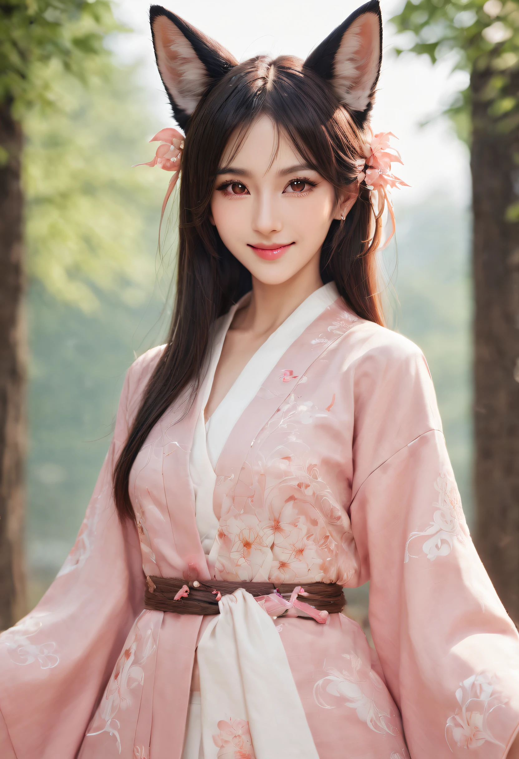 beautiful japanese young woman,Solo, Happy smiling official art, Unity 8k wallpaper, Ultra detailed, Beautiful and aesthetic, Beautiful, Masterpiece, Best quality, Kitsune witch, kitsune mask, Pink and white haori jacket, Foxfire spell, The fox is familiar, Transformation,Depth of field,