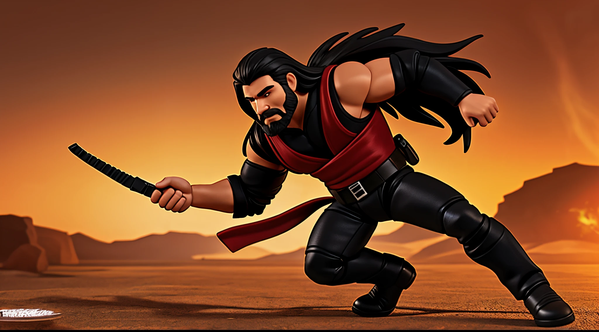 1 Man solo, he has a short black beard and he has black flowing hair. Action Figure. One solo action figure. red