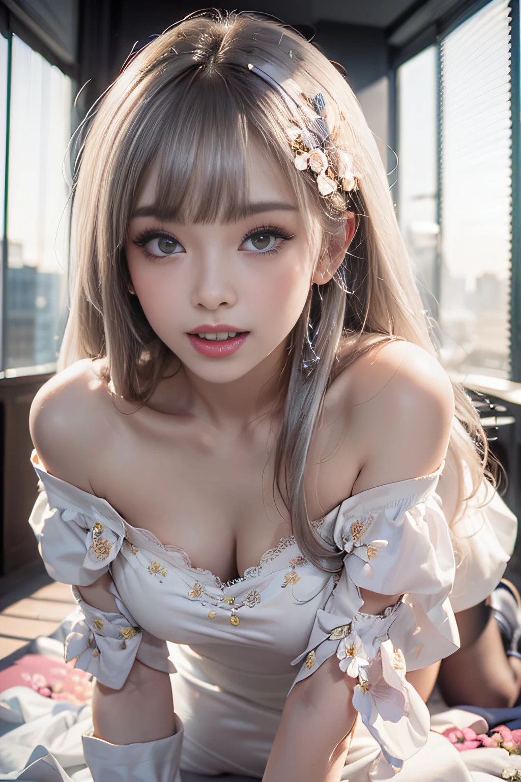 ((Girl getting on all fours in office)）,(((posterior view))）、 Silver hair, Bangs, Blunt bangs, Long straight hair, aqua eyes, longeyelashes, Solid Circle Eyes, makeup, Open mouth, blush, Parted lips, Bright pupils, smiley, Seductive smile, glint, surrealism, Modern、Black pantyhose、high-heels、（(Pure white dress、Floral dress、、off shoulders、up skirt: 1.6)）、Skyscrapers are hazy in the windows、mix４、((Black lace panties)）、((stick out buttocks))、Provocative、