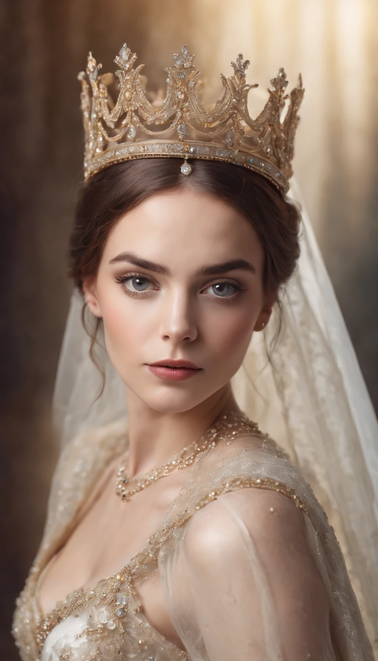 **: hyper realistic vivid detailed lifelike illustration of a full body young woman wearing a crown draped in jewels captivating, hypnotic eyes, and Adult queen with along gown and cape for ladies, Royal Victorian queen, Halloween Costume on white background**