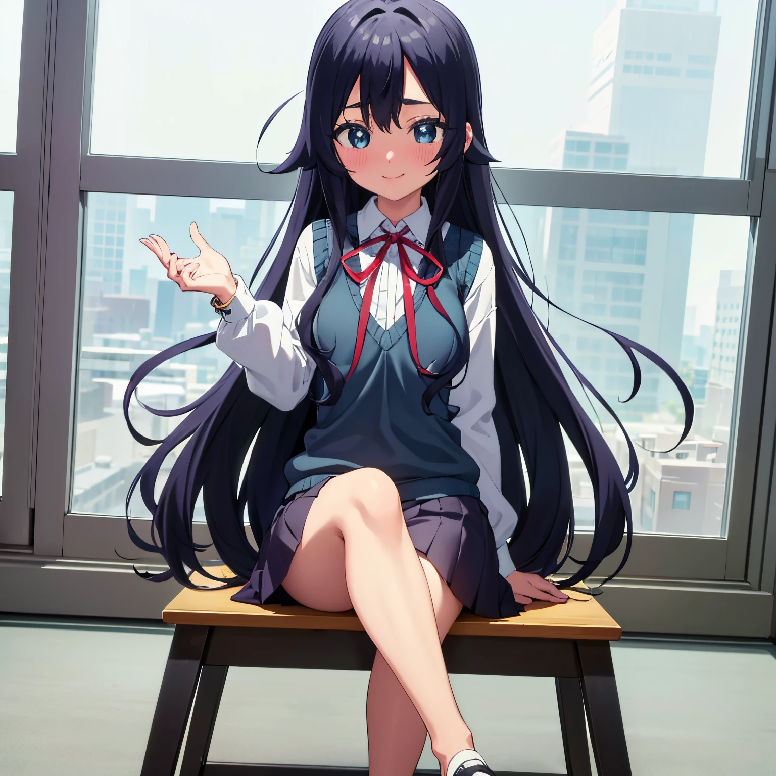 pov(from below),1girl,alone,shizuka Yoshimoto, long hair, dark blue hair, blue eyes, ribbon on neck, red ribbon, white shirt, black skirt, embarrassed, smiling, long sleeves, school uniform, bracelet, vest sweater type, classroom, point of view, selfie, smile, blush all over the face, sitting, sitting at desk, legs crossed, 1 girl, (masterpiece: 1.3), (high resolution), (8K), ( extremely detailed), (4k), (pixiv), perfect face, pretty eyes and face, (best quality), (super detailed), detailed face and eyes, (only), textured skin, absurd, high resolution, small breasts, small waist, medium thighs