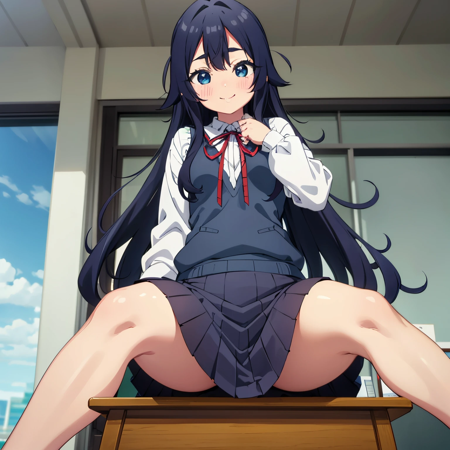 pov(from below),1girl,alone,shizuka Yoshimoto, long hair, dark blue hair, blue eyes, ribbon on neck, red ribbon, white shirt, black skirt, embarrassed, smiling, long sleeves, school uniform, bracelet, vest sweater type, classroom, point of view, selfie, smile, blush all over the face, sitting, sitting at desk, legs crossed, 1 girl, (masterpiece: 1.3), (high resolution), (8K), ( extremely detailed), (4k), (pixiv), perfect face, pretty eyes and face, (best quality), (super detailed), detailed face and eyes, (only), textured skin, absurd, high resolution, small breasts, small waist, medium thighs