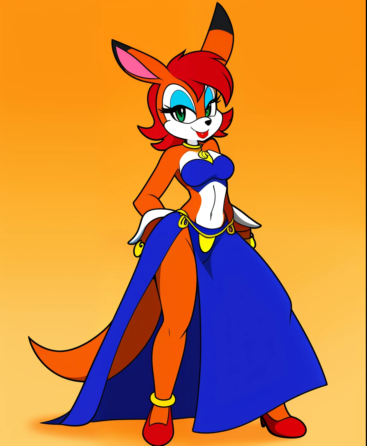 Rouge the female kangaroo, red colored belly dancer, red hair, red lipstick, tiny toons style, full body view