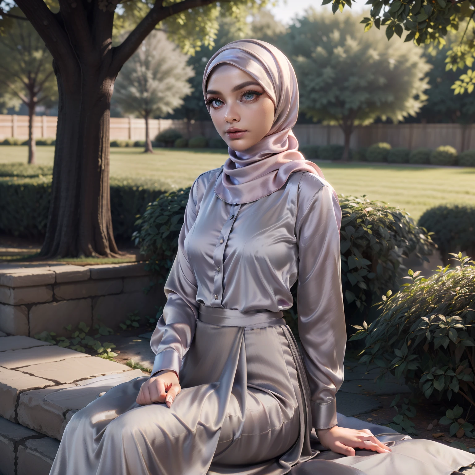 3DMM, ((Masterpiece, best quality, photography, detailed skin, realistic, photo-realistic, 8k, highly detailed, full length frame, High detail RAW color art, diffused soft lighting, shallow depth of field, sharp focus, hyperrealism, cinematic lighting, hijab, a woman in a beautifully makeup, smokey eyeshadow, beautiful big eyes, long eye lashes, wearing (Taupe satin hijab), loosely tide hijab style, ((gray satin shirt)), satin long maxi skirt, reading, sitting under tree, garden