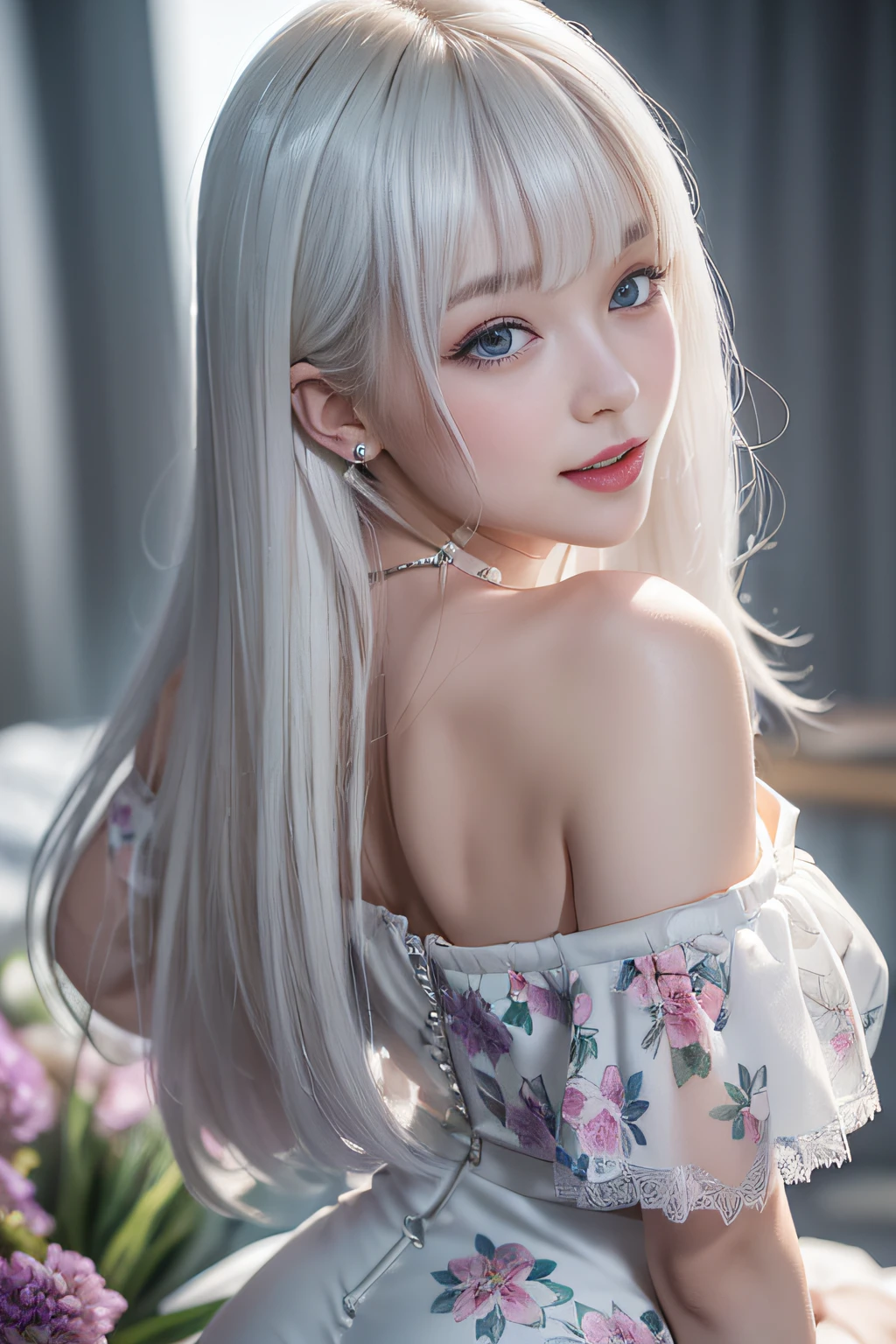 ((masterpiece, best quality)), expression happy, beautiful smile, a girl, solo, half body, dress, halo, alley, outdoors, bangs, white dress, white hair, long hair, One hand playing the hair , looking at viewer, air conditioner,dark lighting, hxh2011