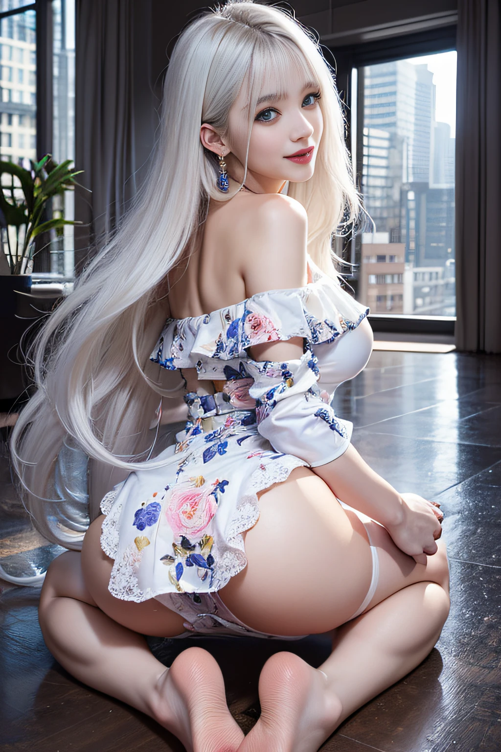 portlate、School Uniforms、bright expression、Young shiny shiny white shiny skin、Best Looks、ultimate beauty girl、The most beautiful platinum blonde hair in the world、shiny light hair,、Super long silky straight hair、Beautiful bangs that shine、Glowing crystal clear attractive blue eyes、Very beautiful nice cute 16 year old girl、Lush bust((Girl getting on all fours in office)),((posterior view))、((Looks Back))、 Silver hair, Bangs, Blunt bangs, Long straight hair, aqua eyes, longeyelashes, Solid Circle Eyes, makeup, Open mouth, blush, Parted lips, Bright pupils, smiley, Seductive smile, glint, surrealism, Modern、Black pantyhose、high-heels、((Pure white dress、Floral dress、、off shoulders、up skirt: 1.6))、Skyscrapers are hazy in the windows、mix4、((Black lace panties))、((stick out buttocks))、Provocative、