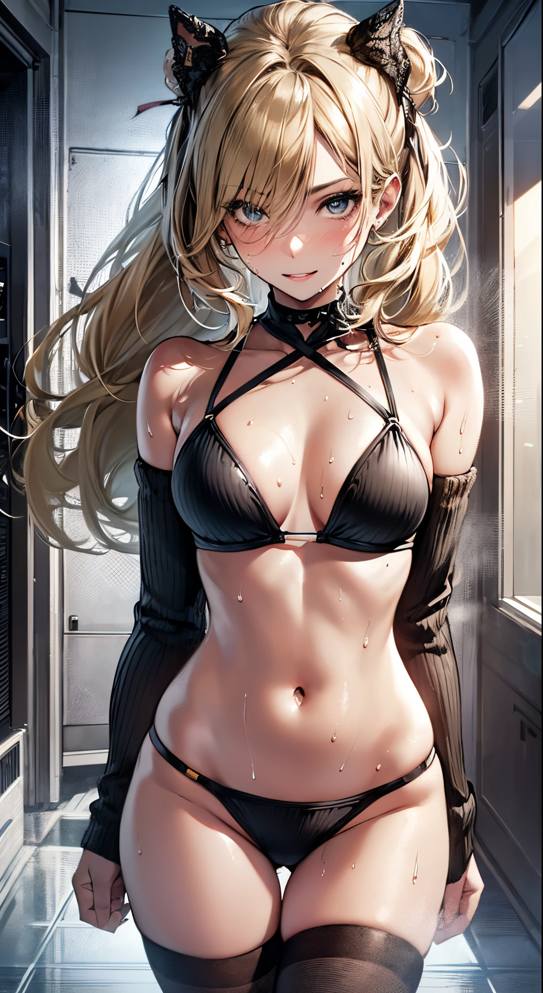 8K、4K,、high-level image quality、top-quality、supreme1People Girls,hightquality,A detailed face、A detailed eye、Detailed nose、Detailed mouth、 Beautiful expression, ((masuter piece)), ((High resolution)), ((Best Quality)), detail, (Excited face.Very happy,), ((Sweaty skin、Lustrous skin)), (Knitted Bikini:1.3、Stockings:1.3)、 girl with, a blond, (Half Twin Tail)、((:1.5))、fair white skin:1.3、、Smaller chest, cinmatic lighting, perfectly shaded,(((inside in room:1.2))), Realistic lighting with shades,Reflecting the whole body