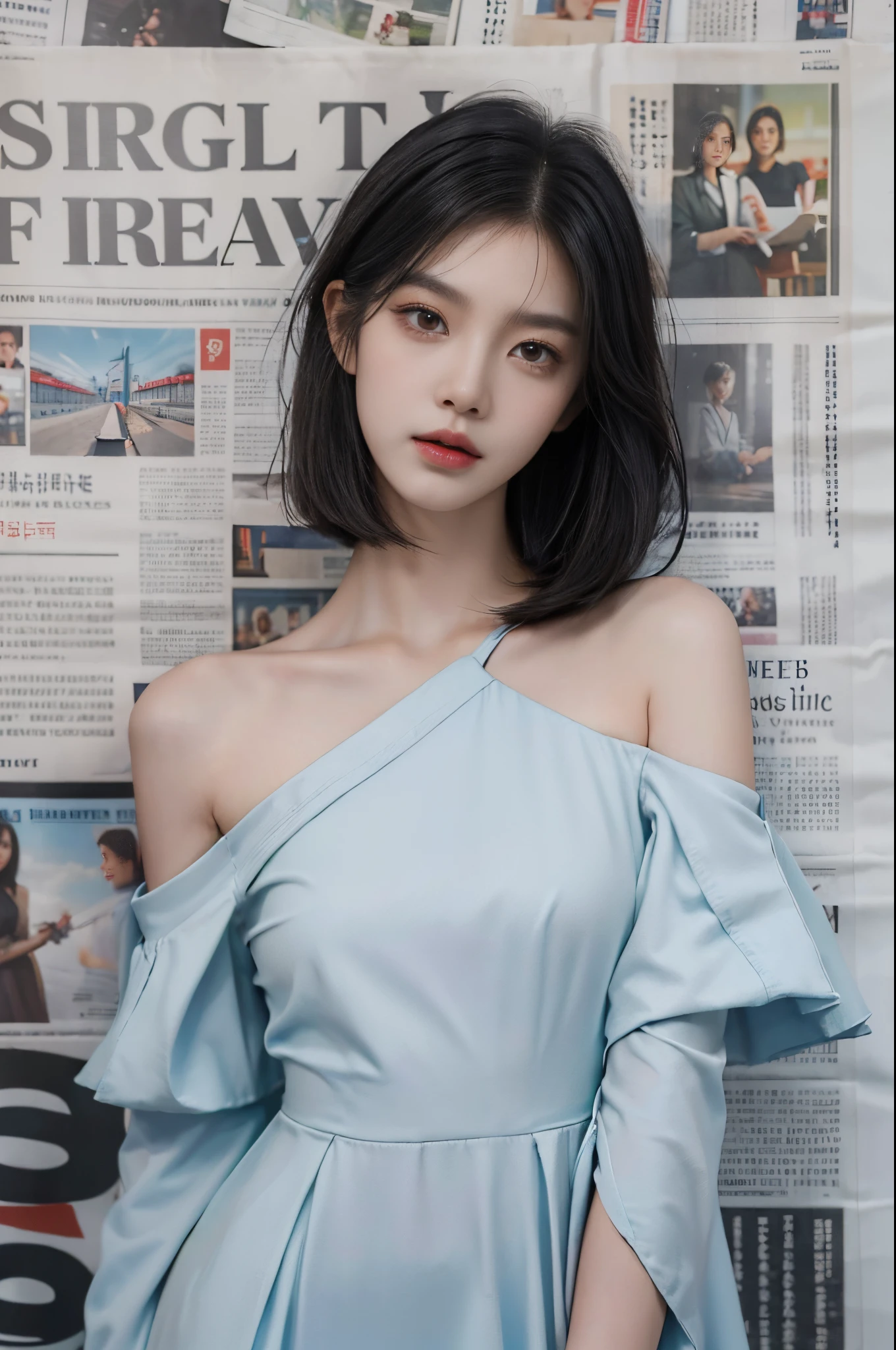 (Masterpiece, Best Quality, high resolucion),(newspaper background),Sweet Chinese Girl,((shoulder length bob hair)),Black hair,Straight hair,Small head,smaller face,Clear face,Detailed Eyes,Big Water Eyes,Detailed face,(dress made from newspaper), electric wires, upper half body,Small breasts,Slim,thin